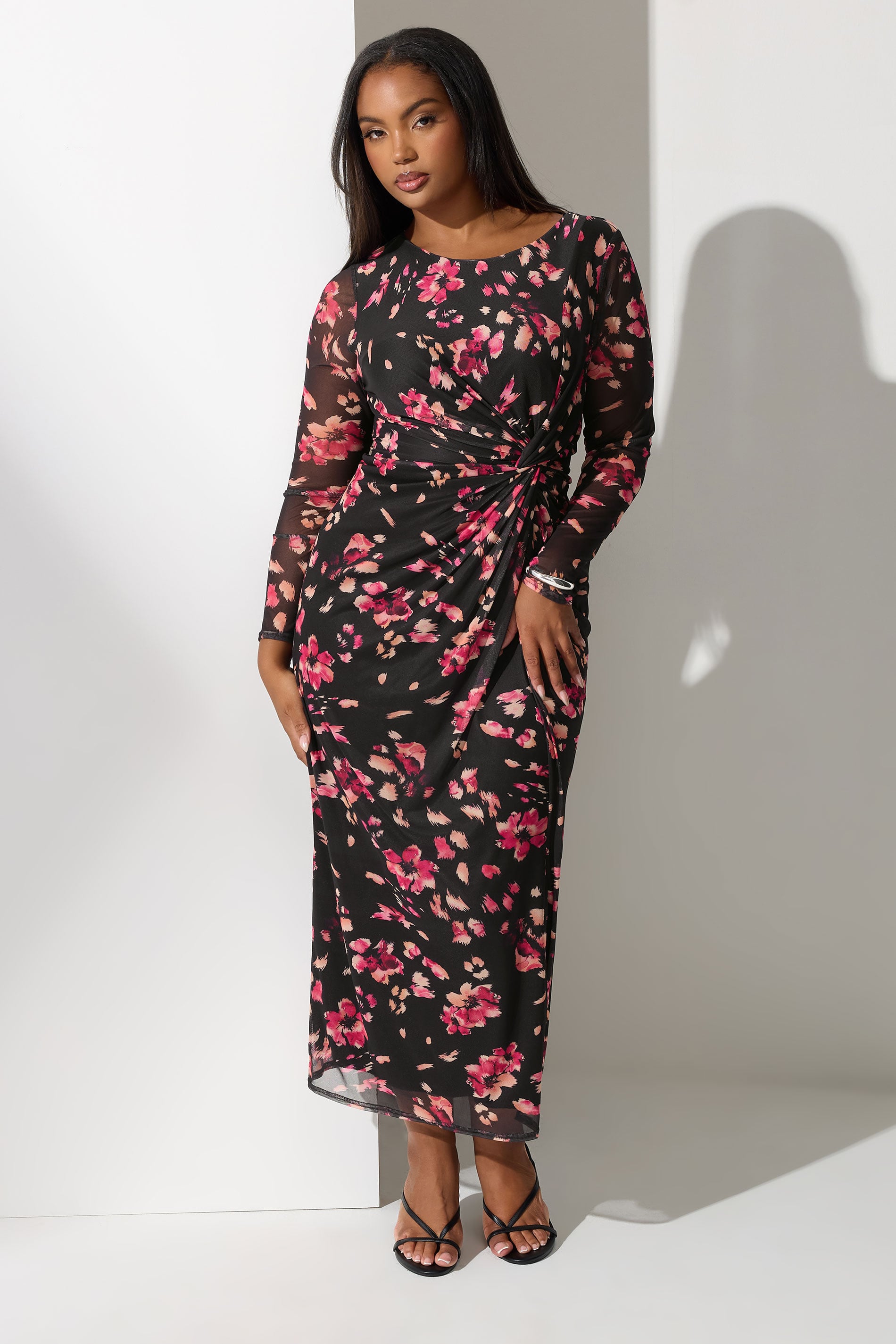 YOURS LONDON Plus Size Black Floral Mesh Side Knot Midi Dress | Yours Clothing 1