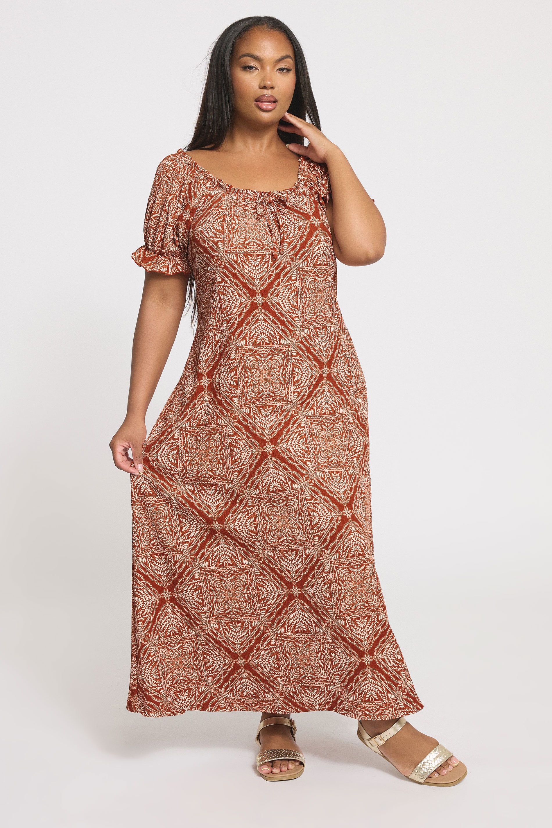 YOURS Plus Size Rust Brown Paisley Textured Milkmaid Dress | Yours Clothing 3