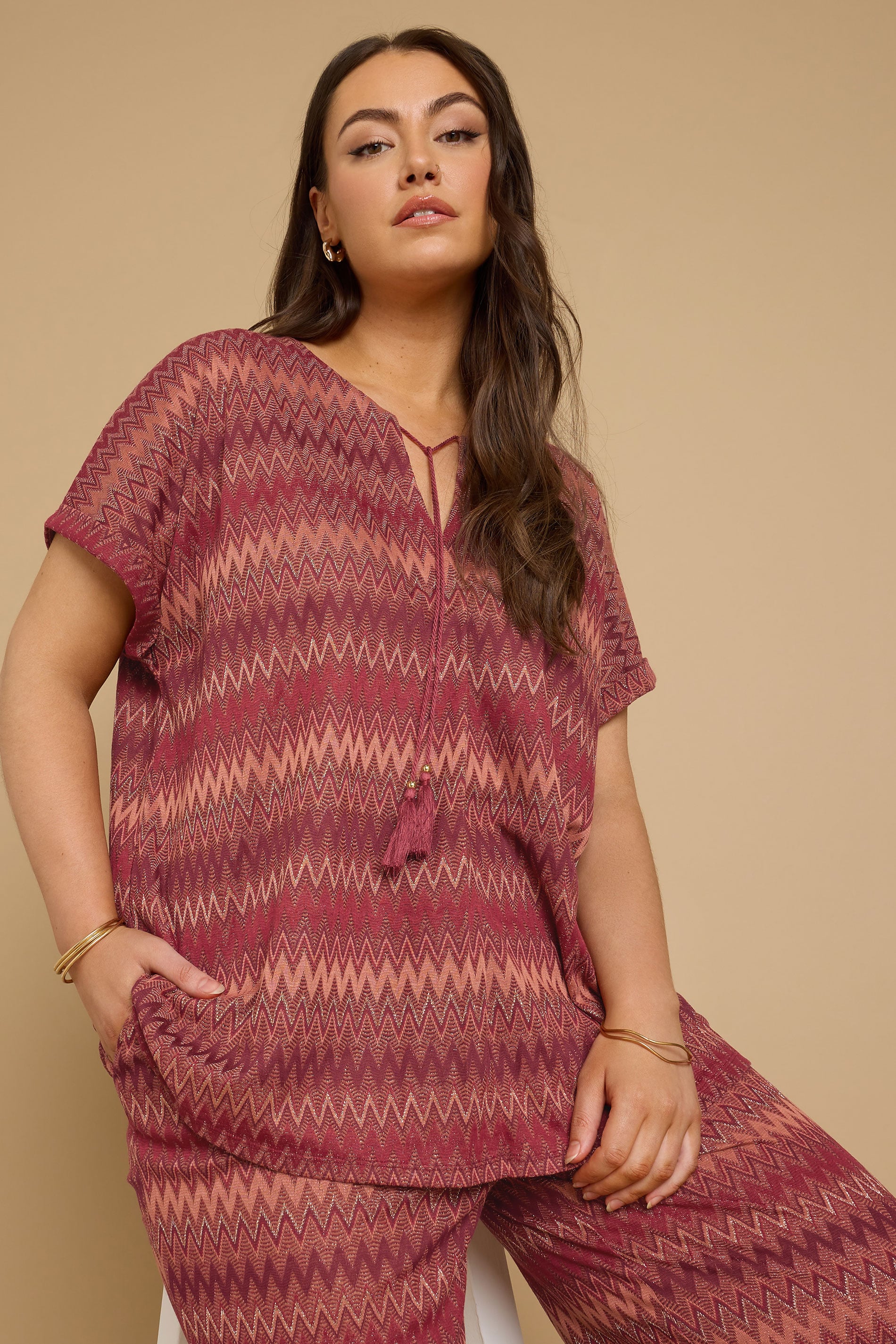 YOURS Plus Size Rust Orange Metallic Zig Zag Tie Neck Top | Yours Clothing 3
