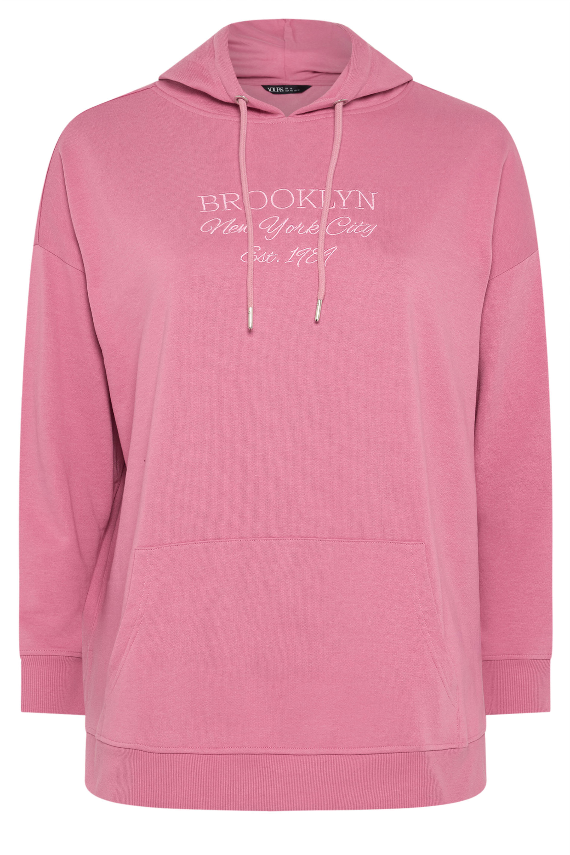 YOURS Plus Size Pink 'Brooklyn' Embroidered Slogan Hoodie | Yours Clothing 6