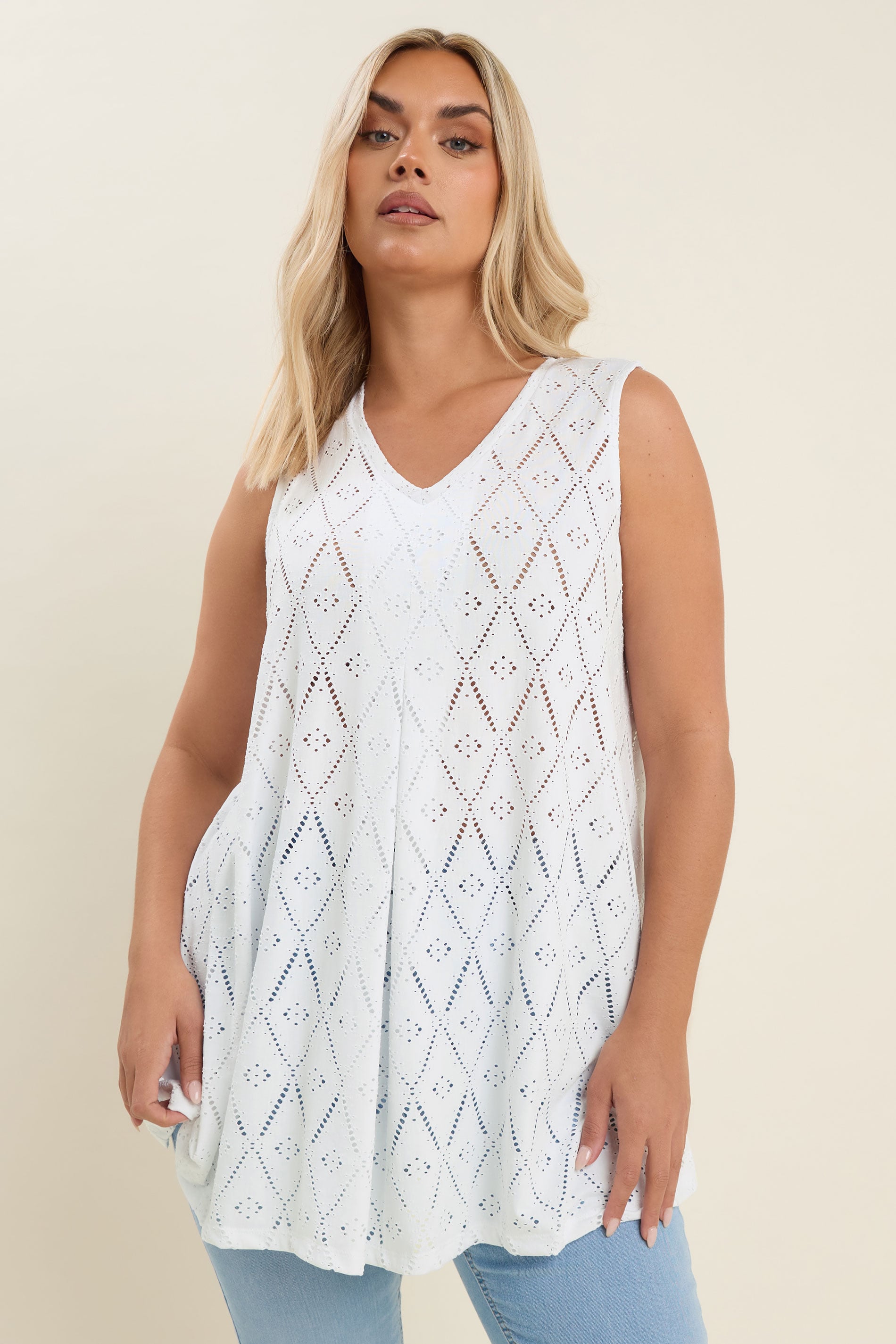 YOURS Plus Size White Broderie Anglaise Pleated Vest Top | Yours Clothing 4