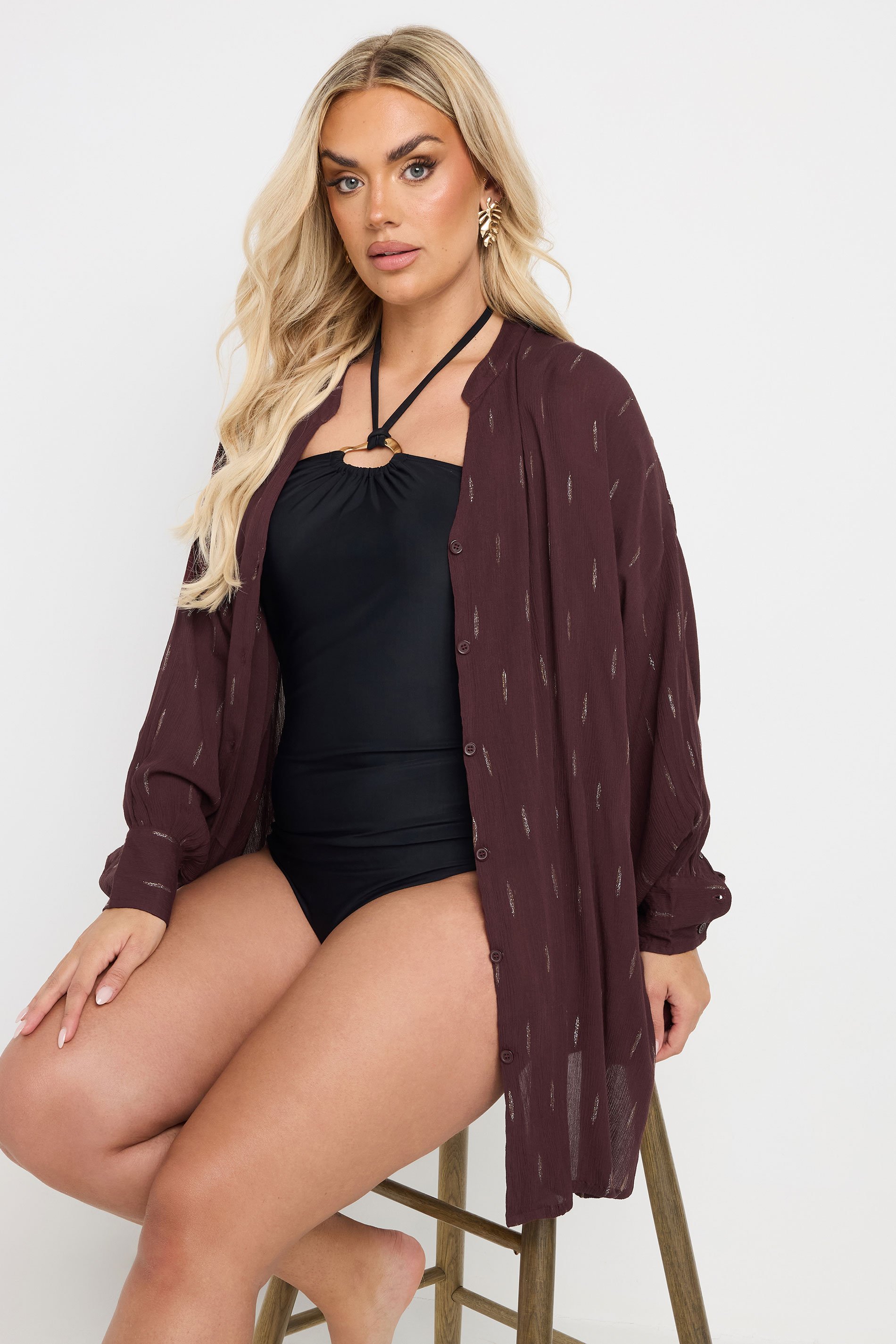 YOURS Plus Size Brown Metallic Beach Shirt | Yours Clothing 2
