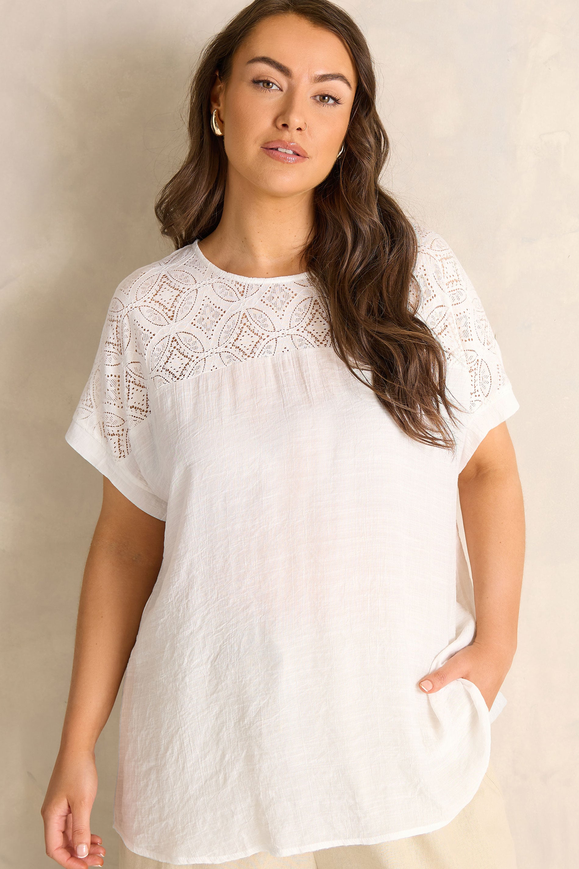 Evans Women's White Plus Lace Detail Short Sleeve Top Size 26-28