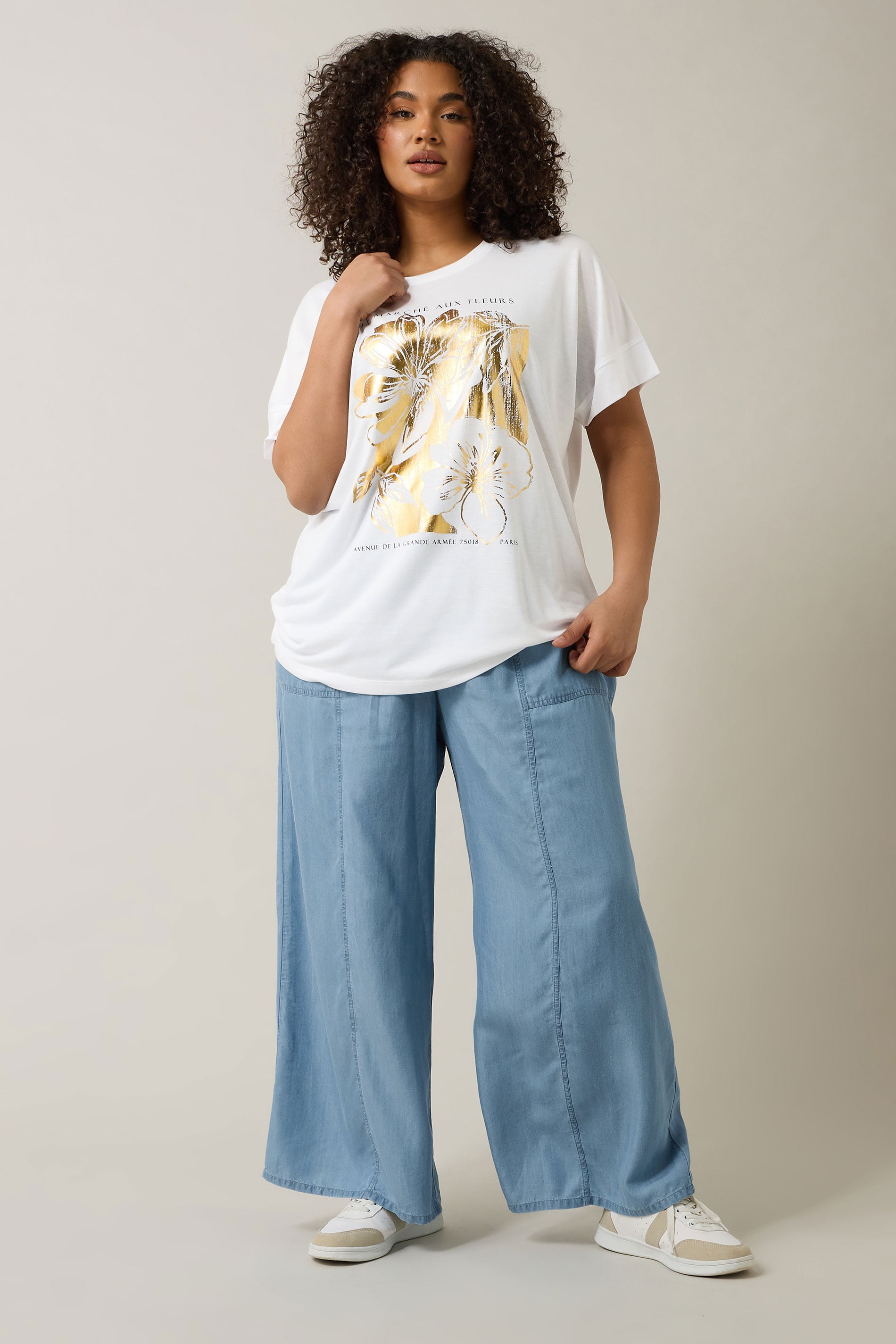 EVANS Plus Size White Metallic Floral Print Modal Rich T-Shirt | Evans 5