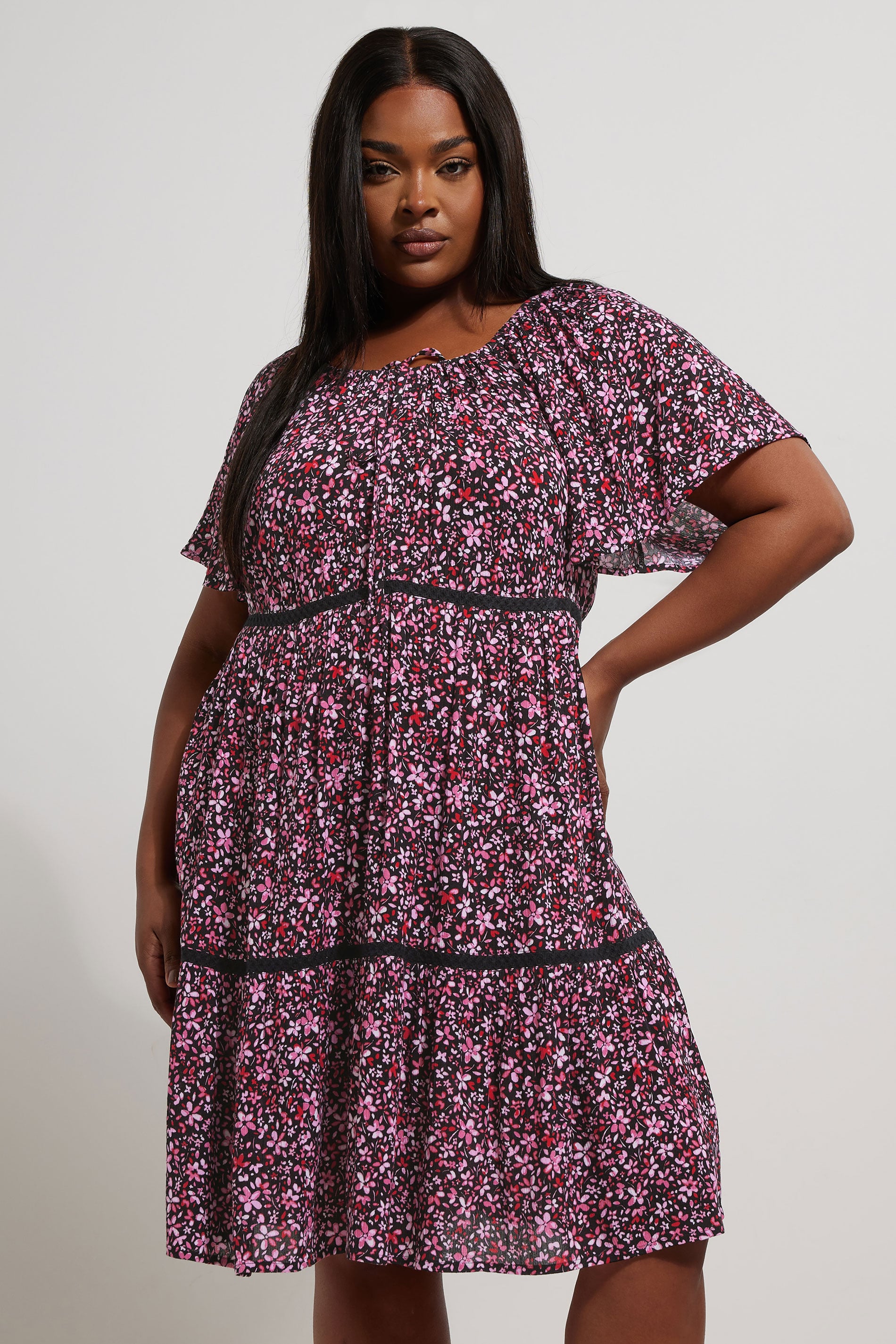 YOURS Plus Size Pink Ditsy Floral Print Tie Neck Mini Dress | Yours Clothing 3