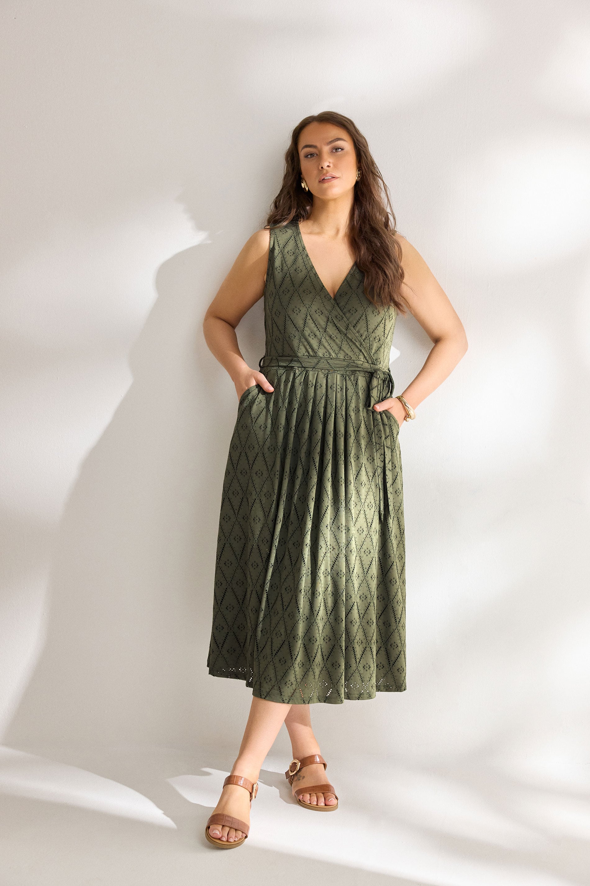 EVANS Plus Size Khaki Green Broderie Wrap Midi Dress | Evans 3