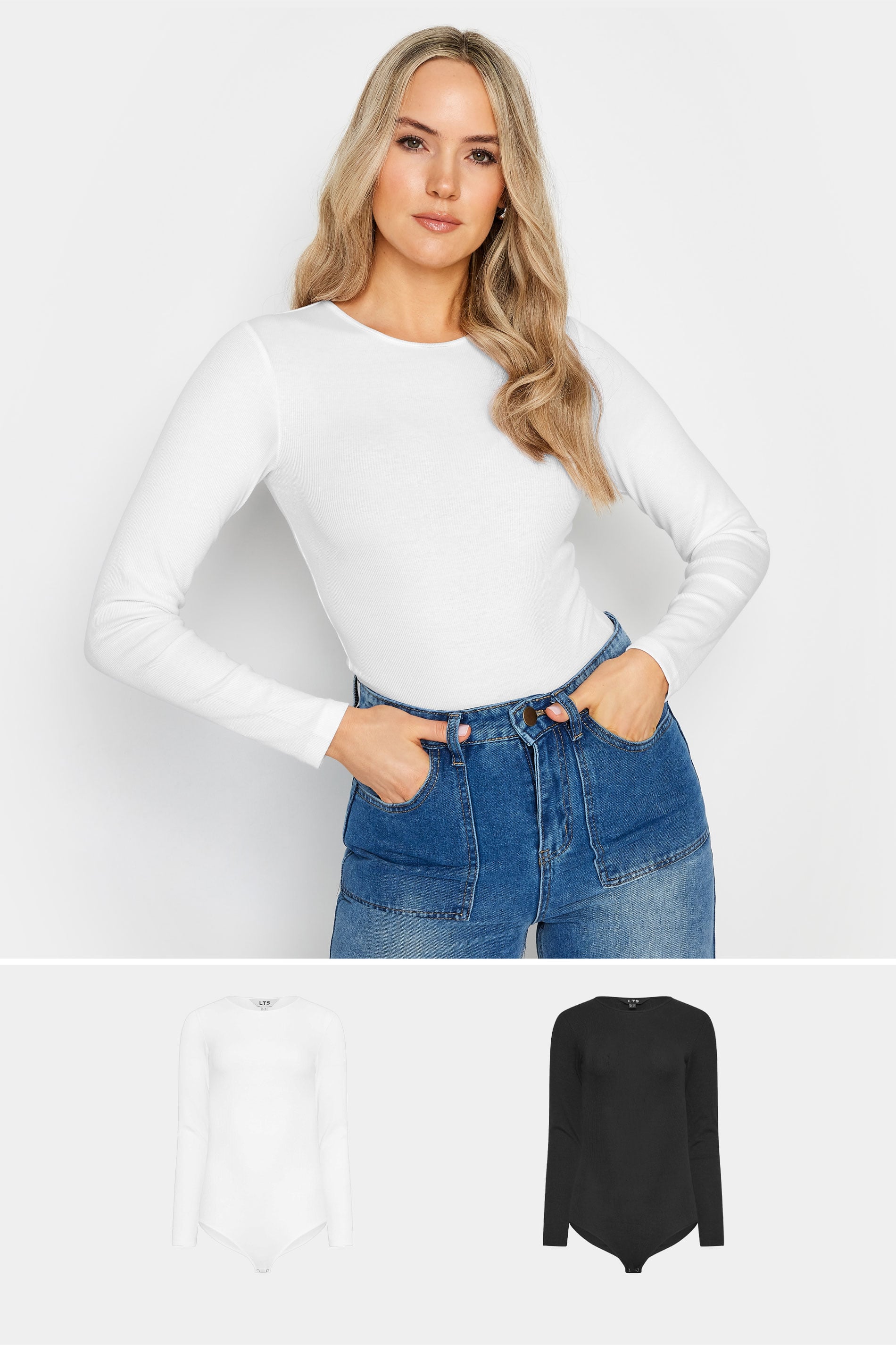 LTS Tall Womens 2 PACK Black & White Long Sleeve Ribbed Bodysuits | Long Tall Sally 3