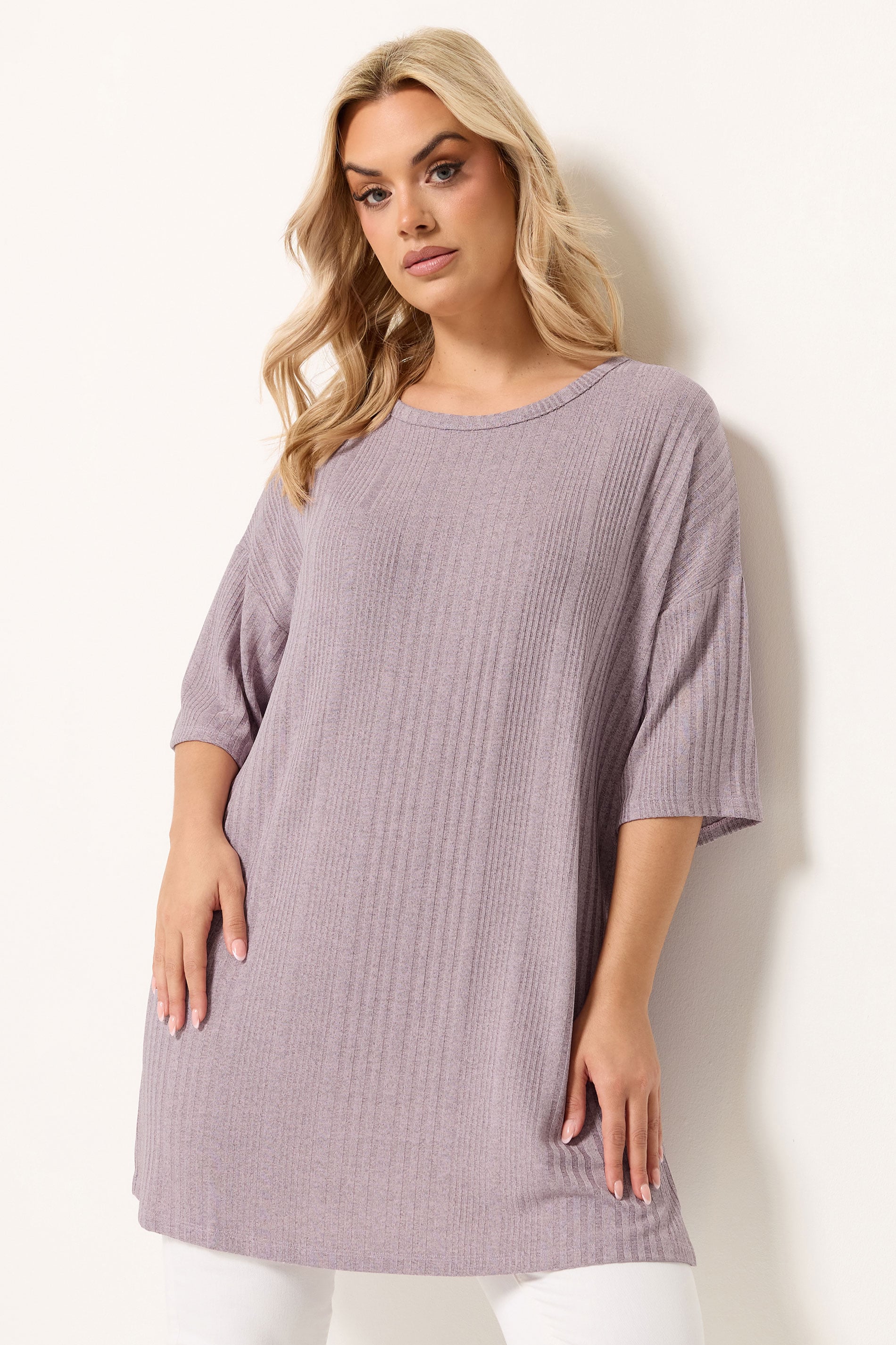 YOURS Plus Size Purple Ribbed Oversize T-Shirt | Yours Clothing 3