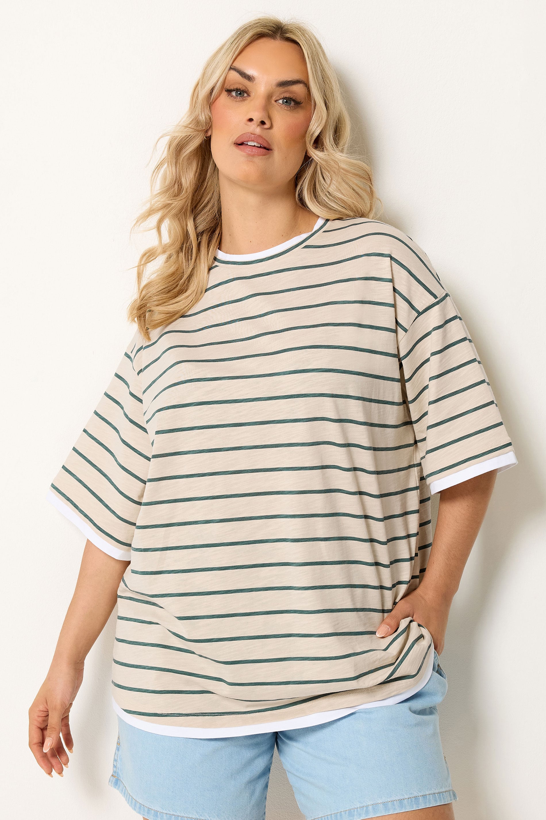 YOURS Plus Size Ivory White Stripe Ringer T-Shirt | Yours Clothing 3