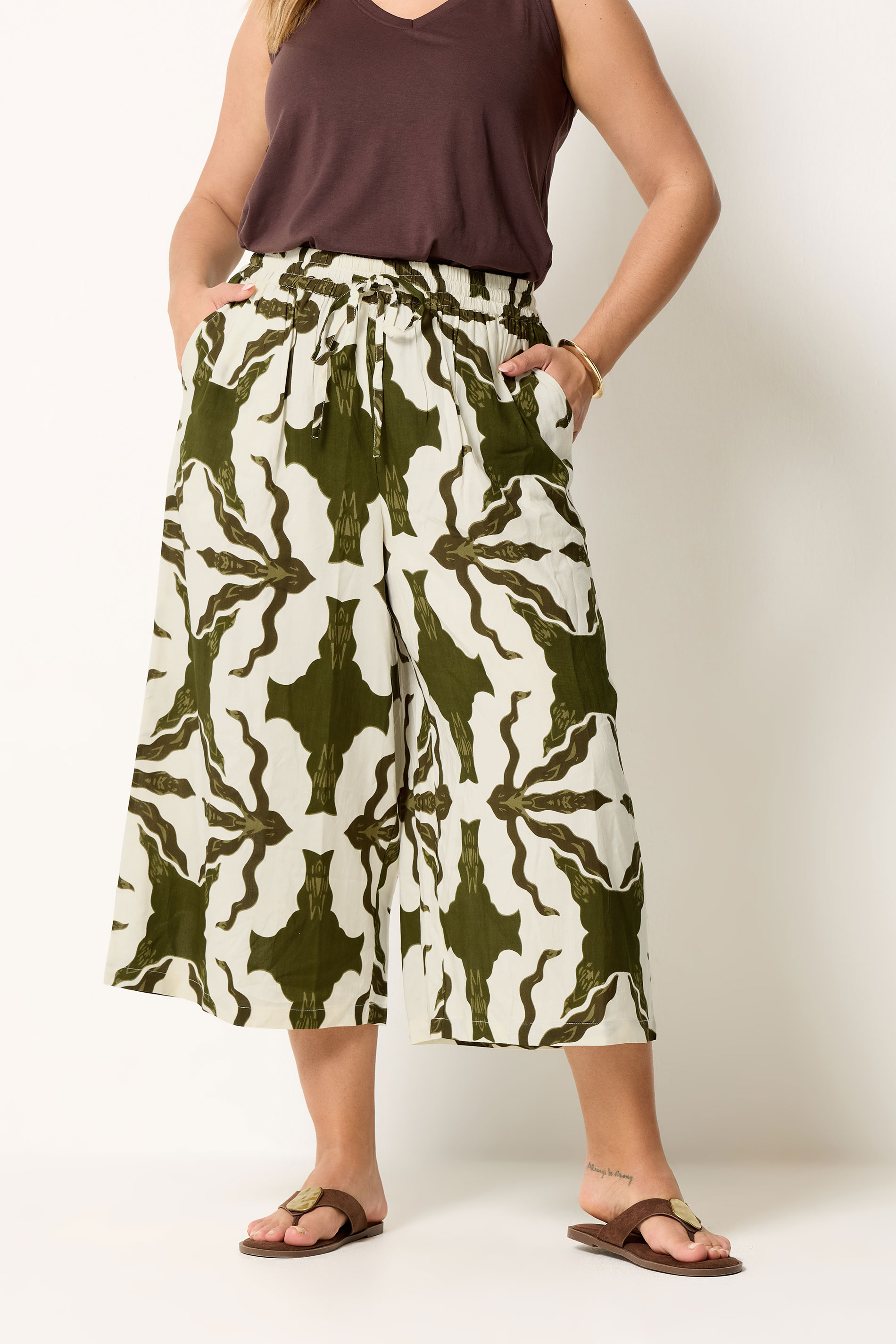 YOURS Plus Size White & Green Tile Print Wide Leg Culottes | Yours Clothing 1