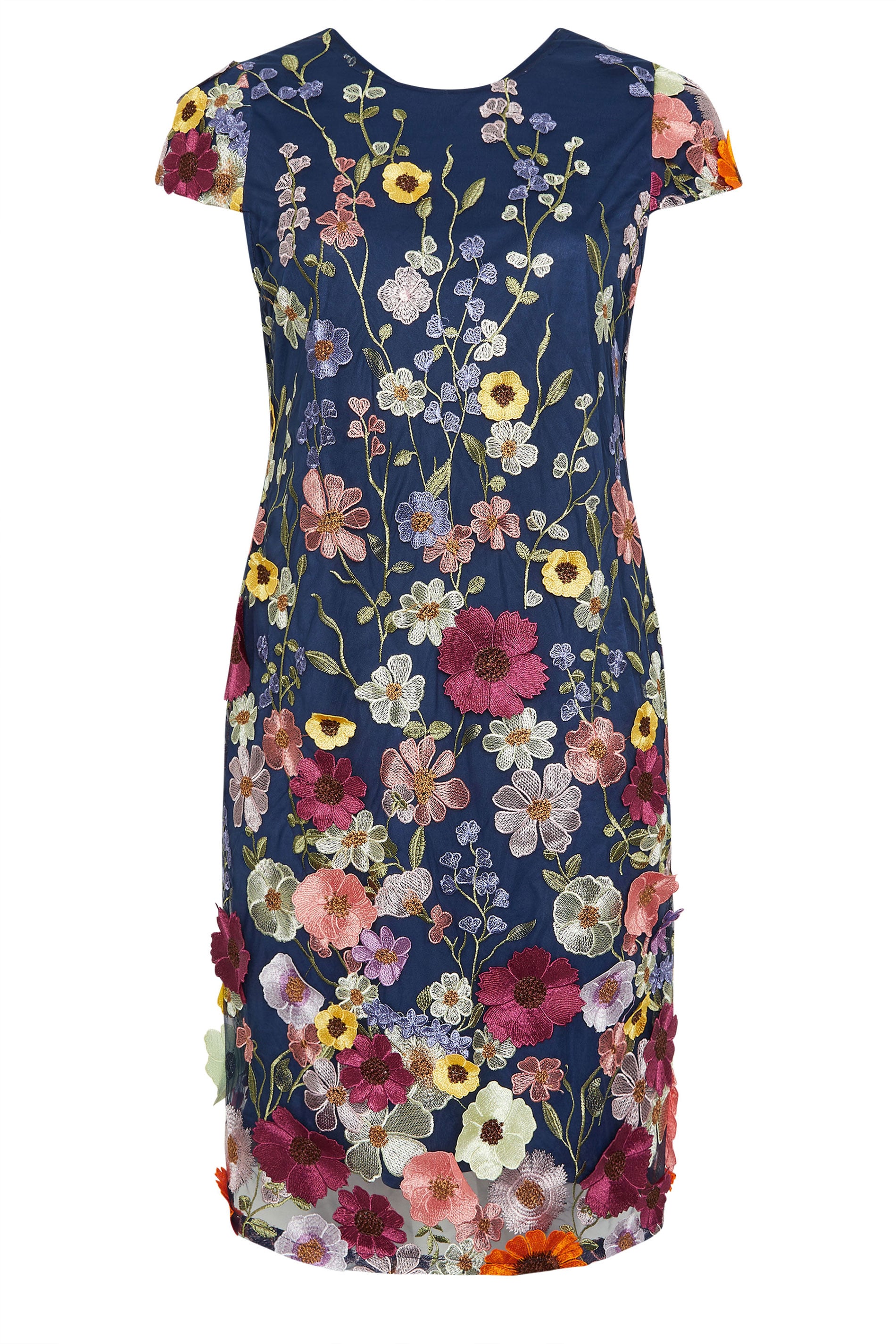 YOURS LONDON Plus Size Navy Blue & Pink Floral 3D Embroidered Shift Dress | Yours Clothing 6
