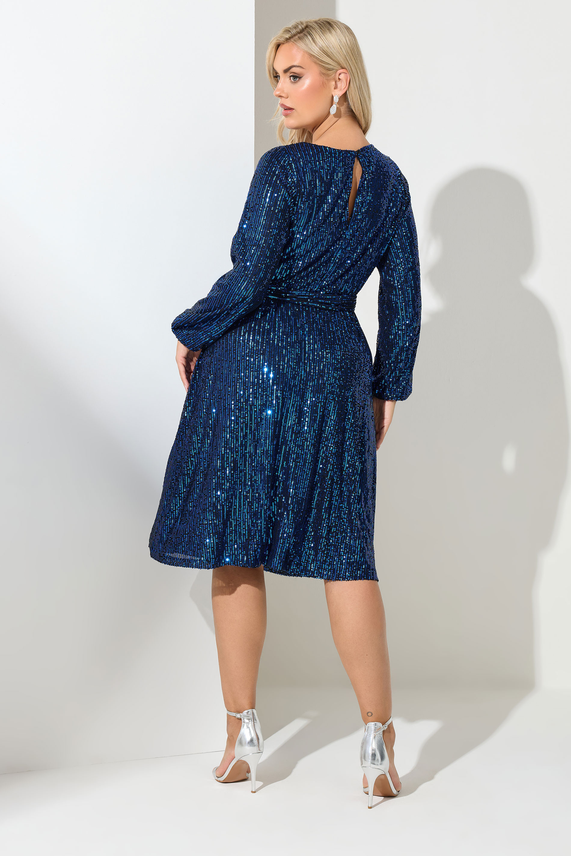 YOURS LONDON Plus Size Blue Sequin Skater Midi Dress | Yours Clothing 2