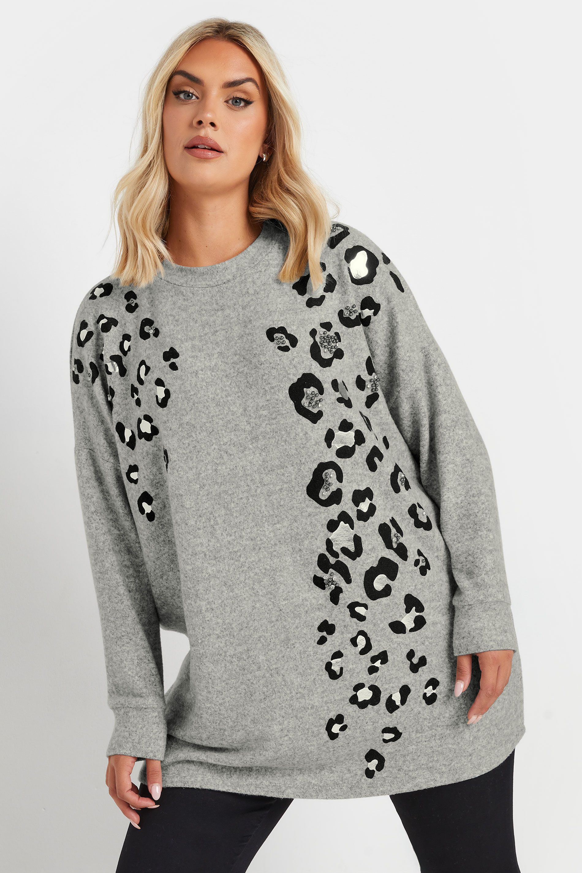 YOURS Plus Size Grey Soft Touch Leopard Print Jumper | Yours Clothing 3