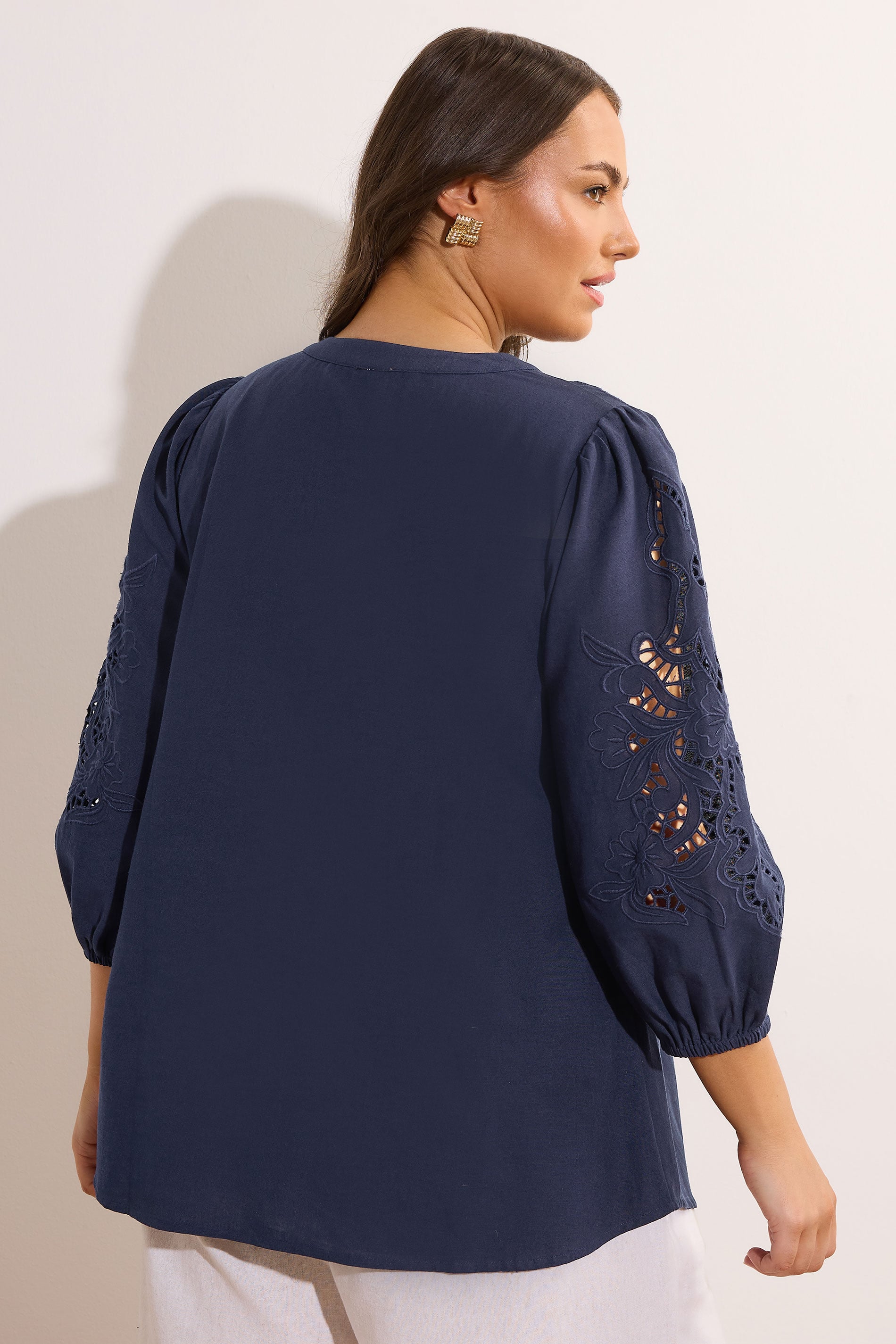 EVANS Plus Size Navy Blue Cutwork Linen Blouse | Evans 2