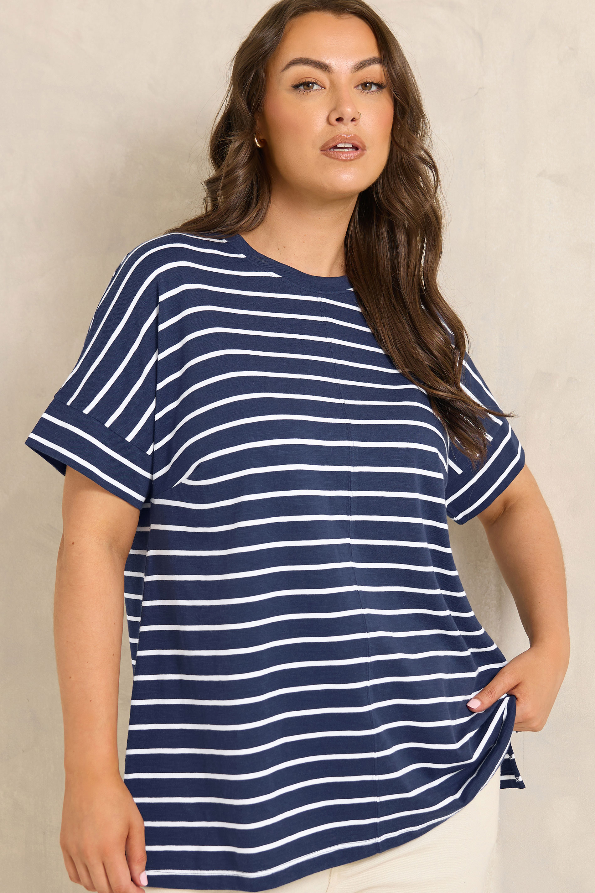 EVANS Plus Size Navy Blue Stripe Cotton T-Shirt | Evans 3