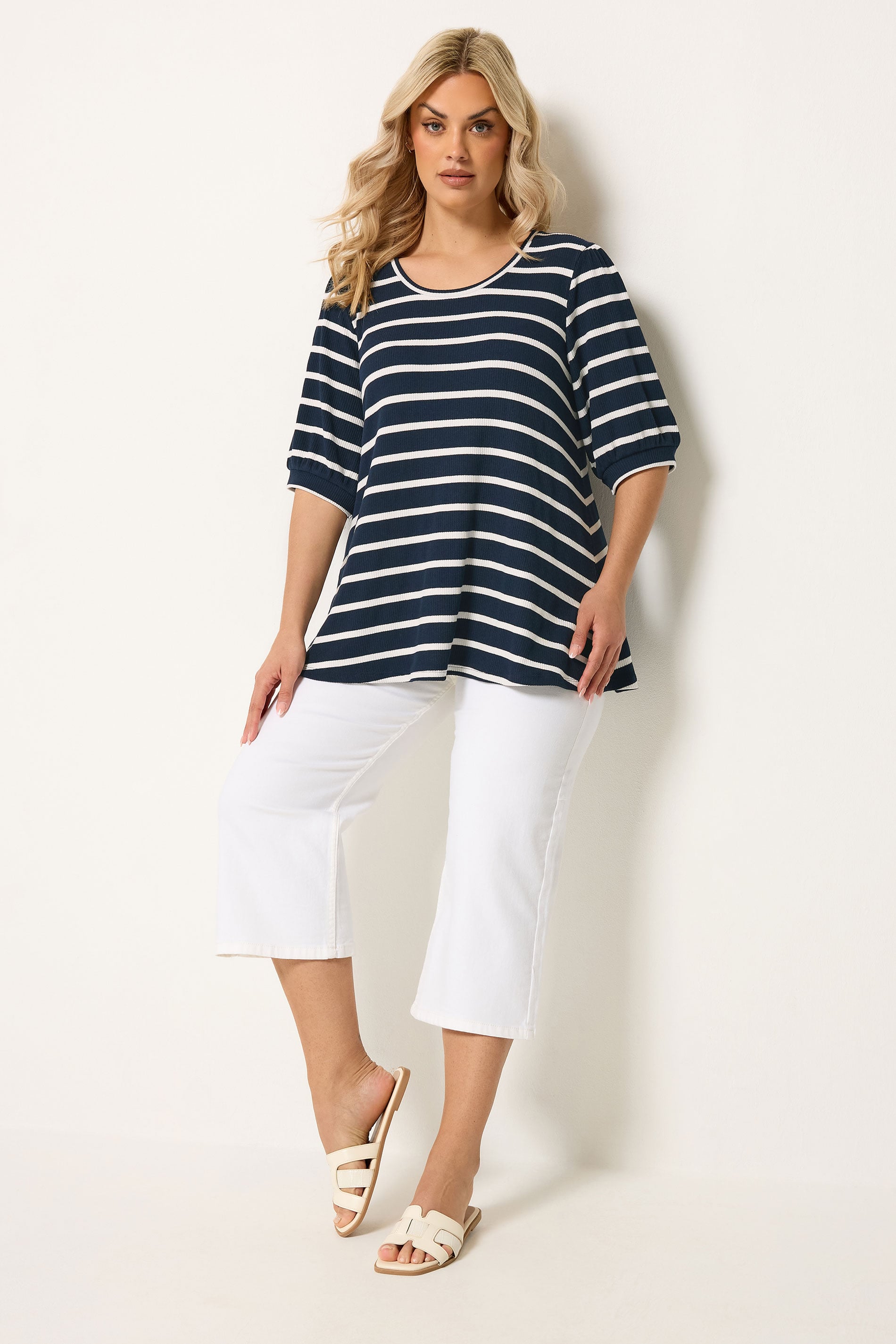 YOURS Plus Size Navy Blue Stripe Puff Sleeve Top | Yours Clothing 1