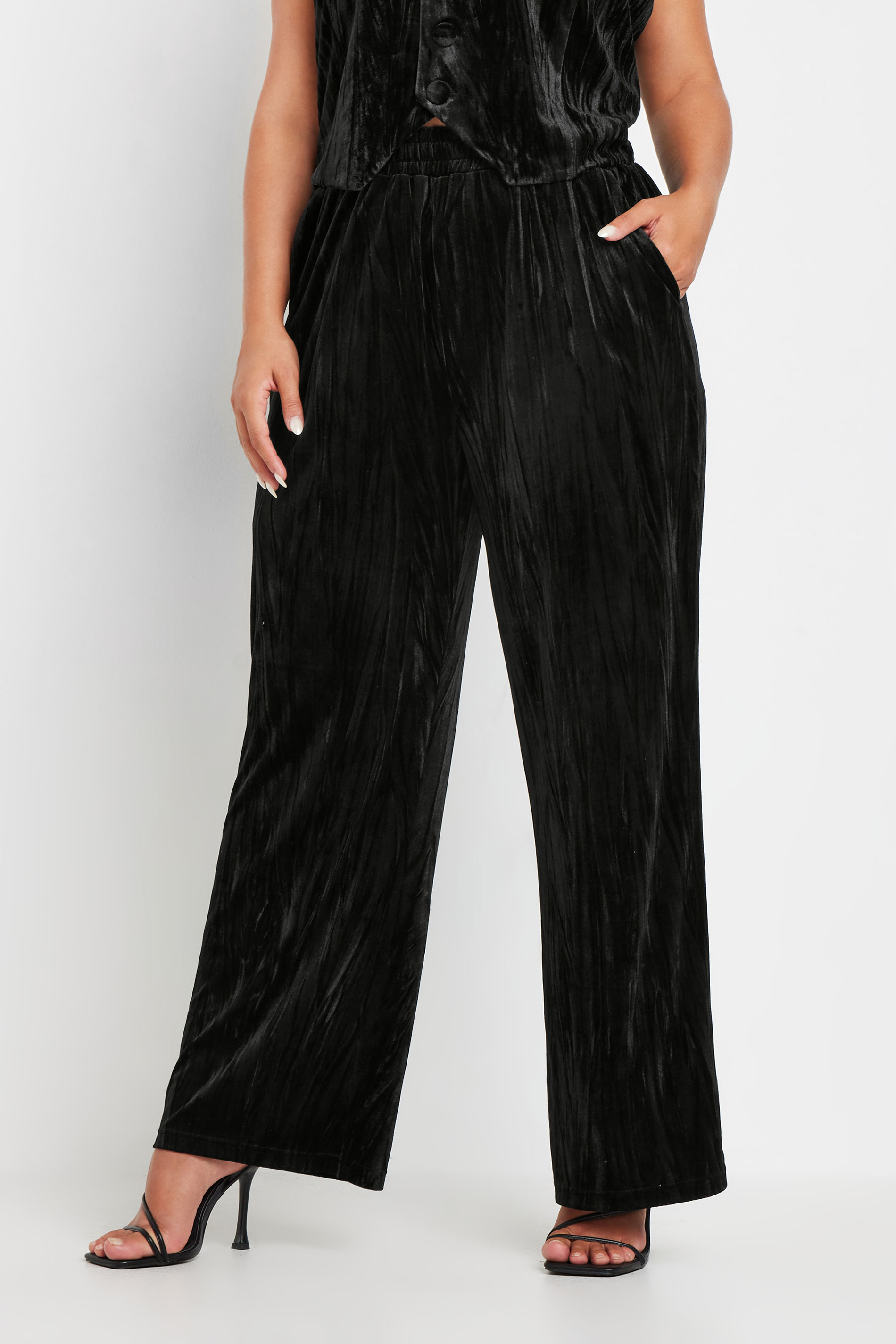 YOURS Plus Size Black Crushed Velvet Wide Leg Trouser | Yours Clothing 3