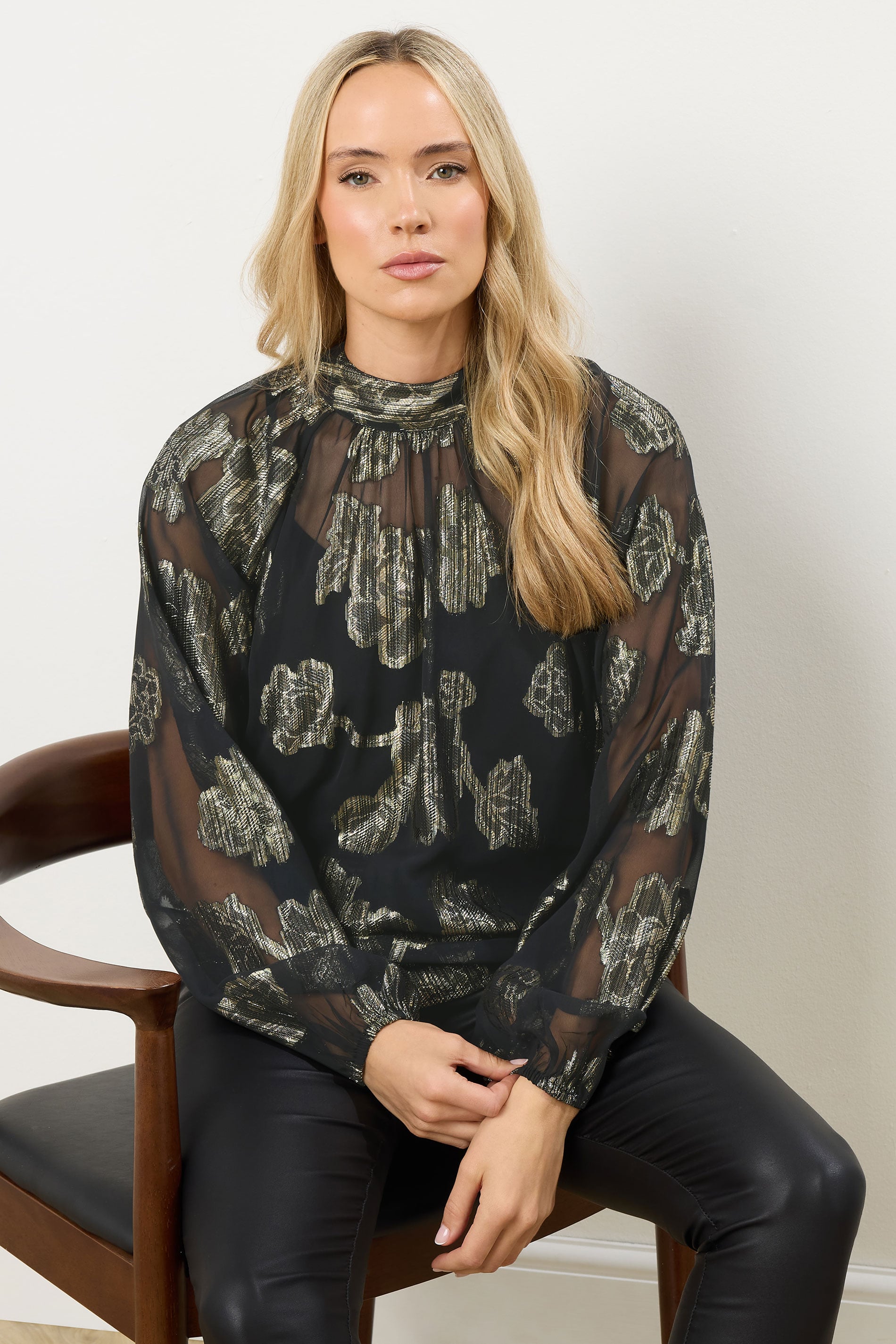 LTS Tall Black Floral Jacquard High Neck Blouse | Long Tall Sally 3