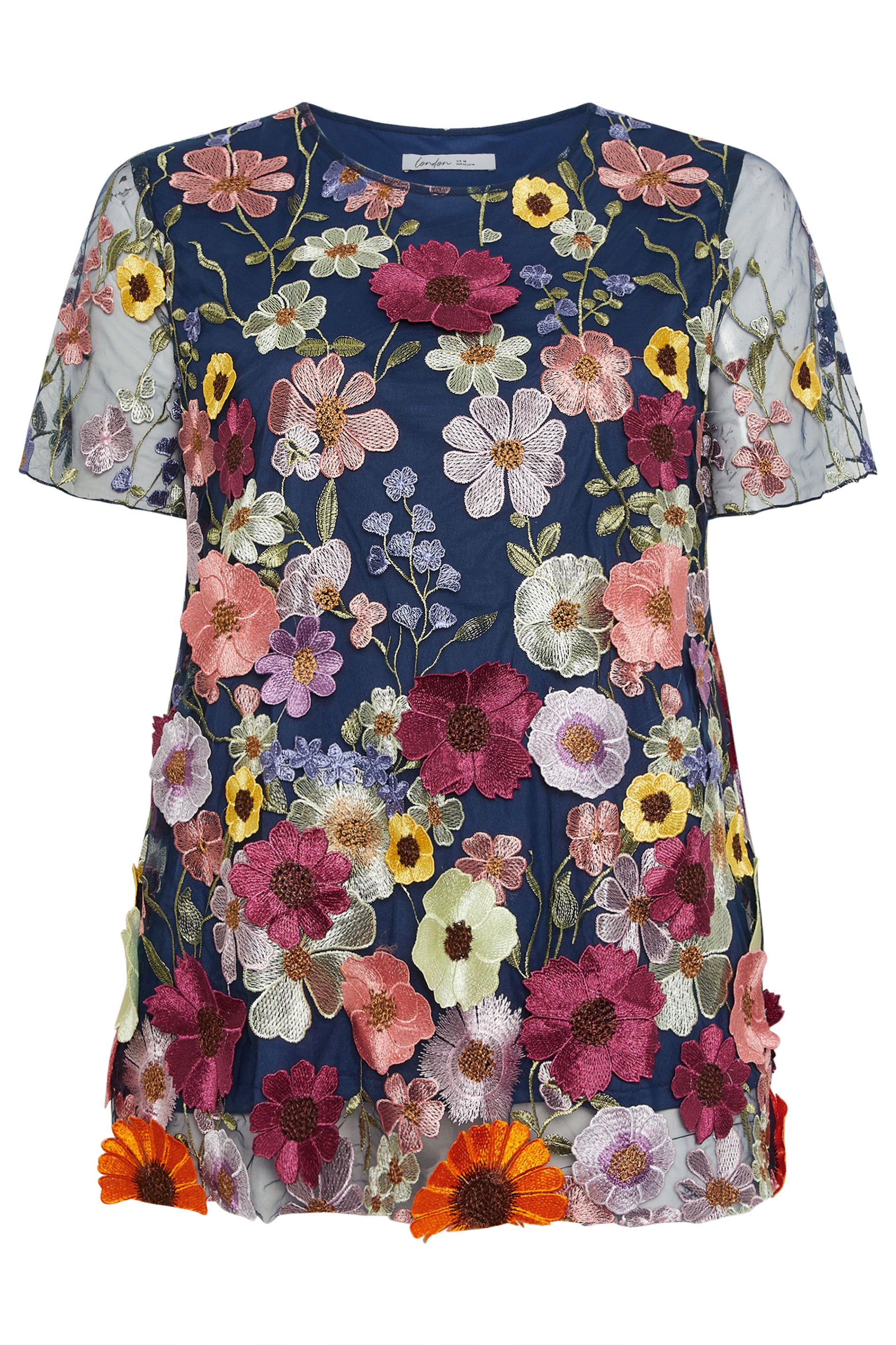 YOURS LONDON Plus Size Navy Blue 3D Floral T-Shirt | Yours Clothing 5