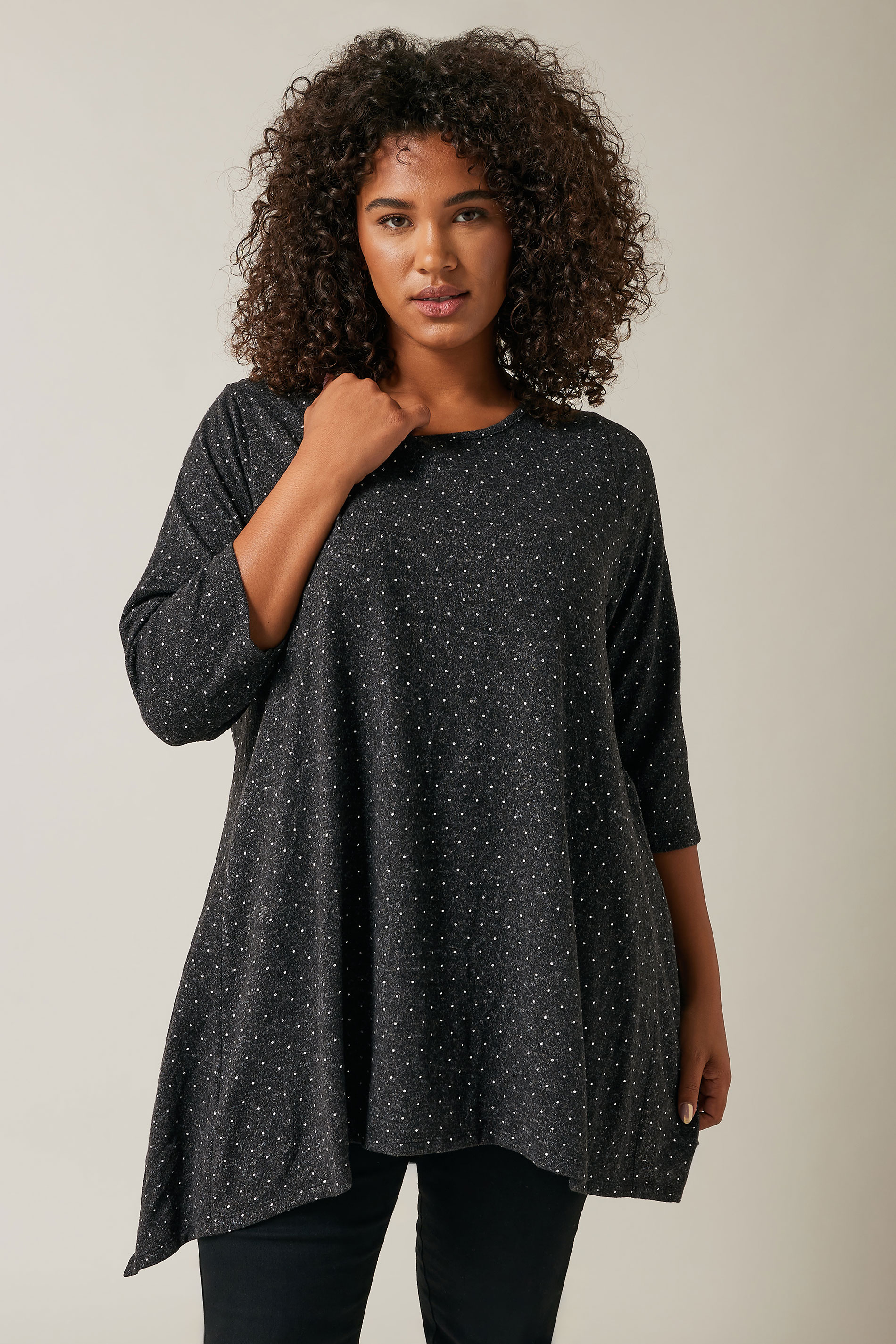 Evans Women's Grey Plus Charcoal Studded Detail Hanky Hem Top Size 20