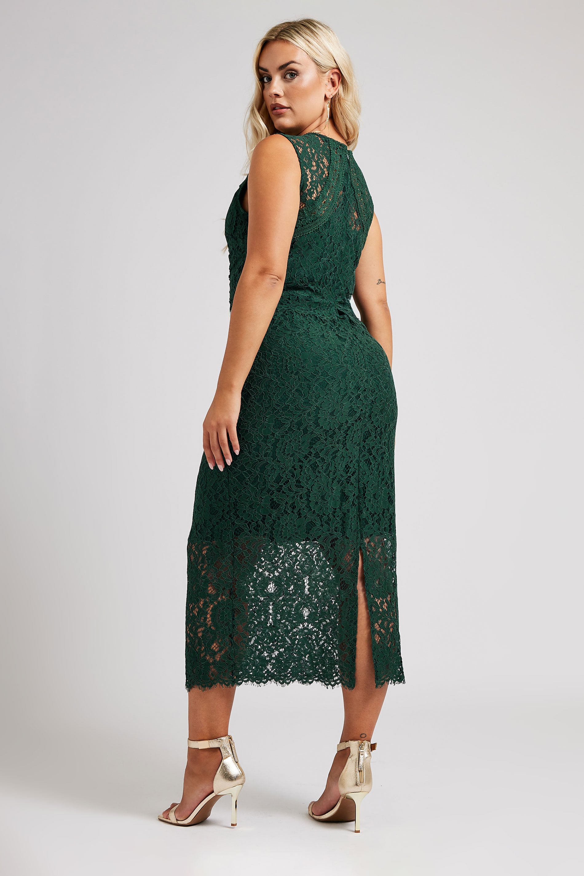 YOURS LONDON Plus Size Dark Green Lace Midi Dress | Yours Clothing 2