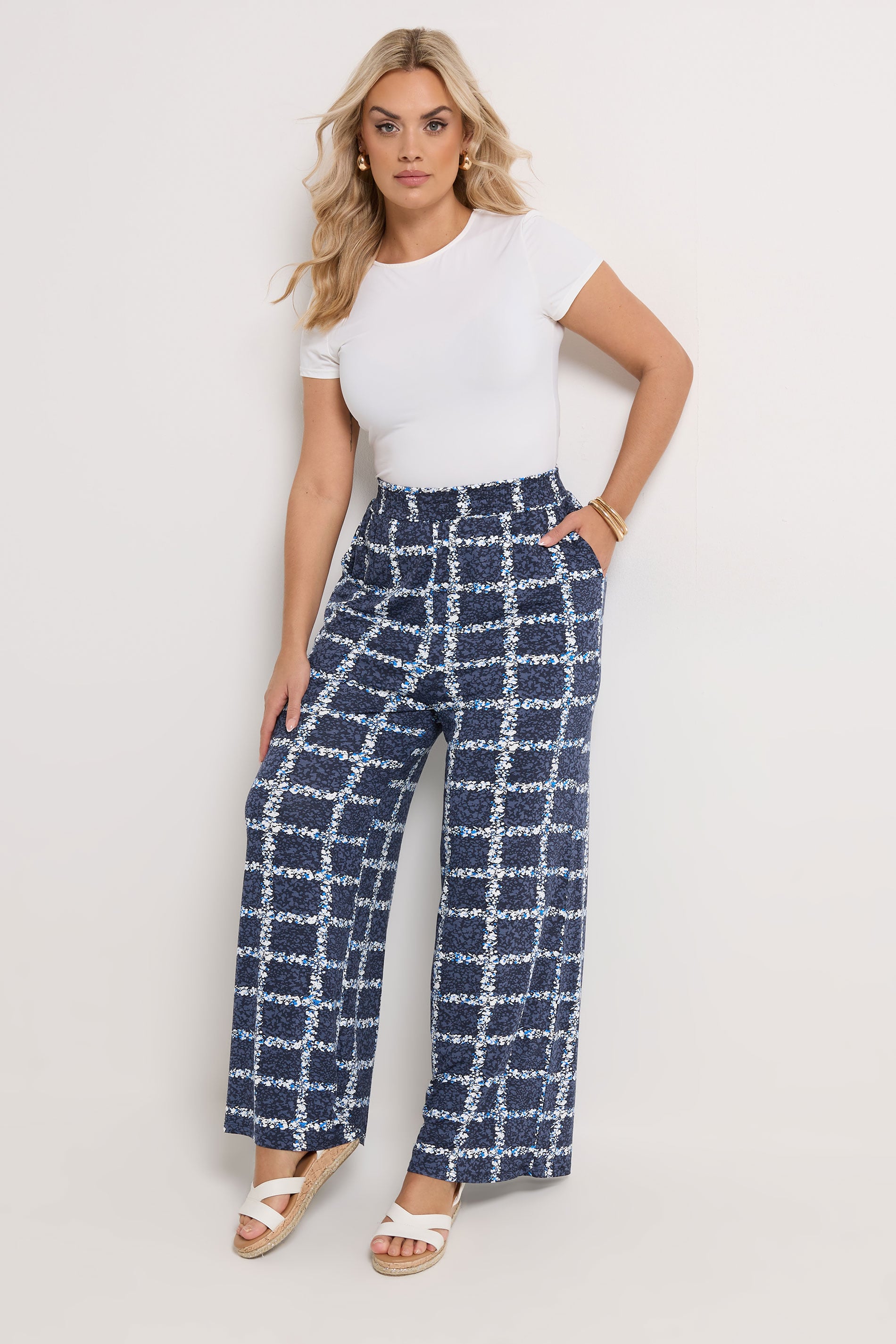 YOURS Plus Size Navy Blue Floral Check Trousers | Yours Clothing 3