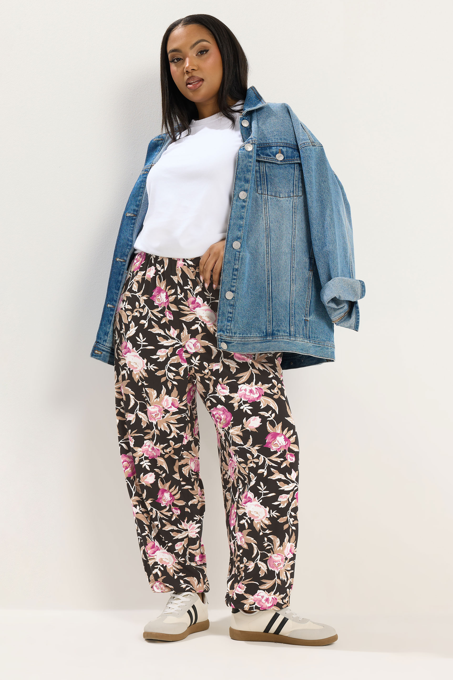 YOURS Plus Size Black Floral Print Cuffed Harem Trousers | Yours Clothing 1