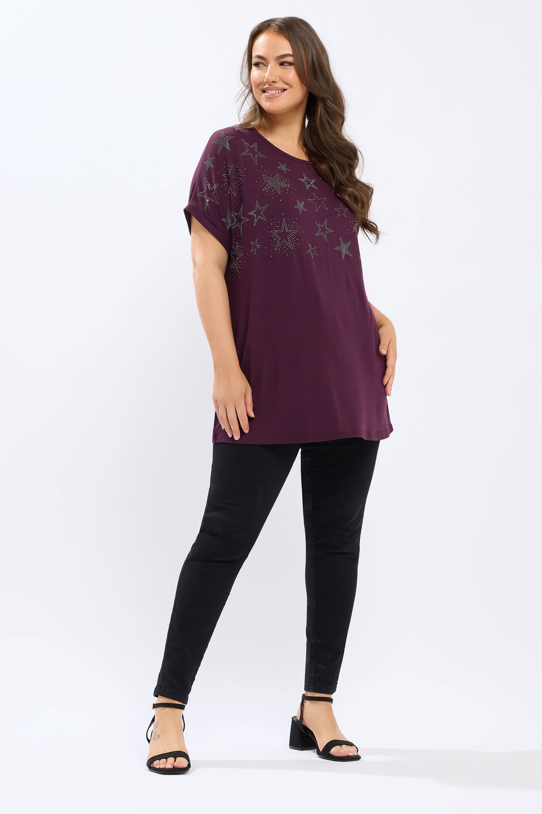 YOURS Curve Purple Star Stud Embellished T-Shirt | Yours Clothing 1