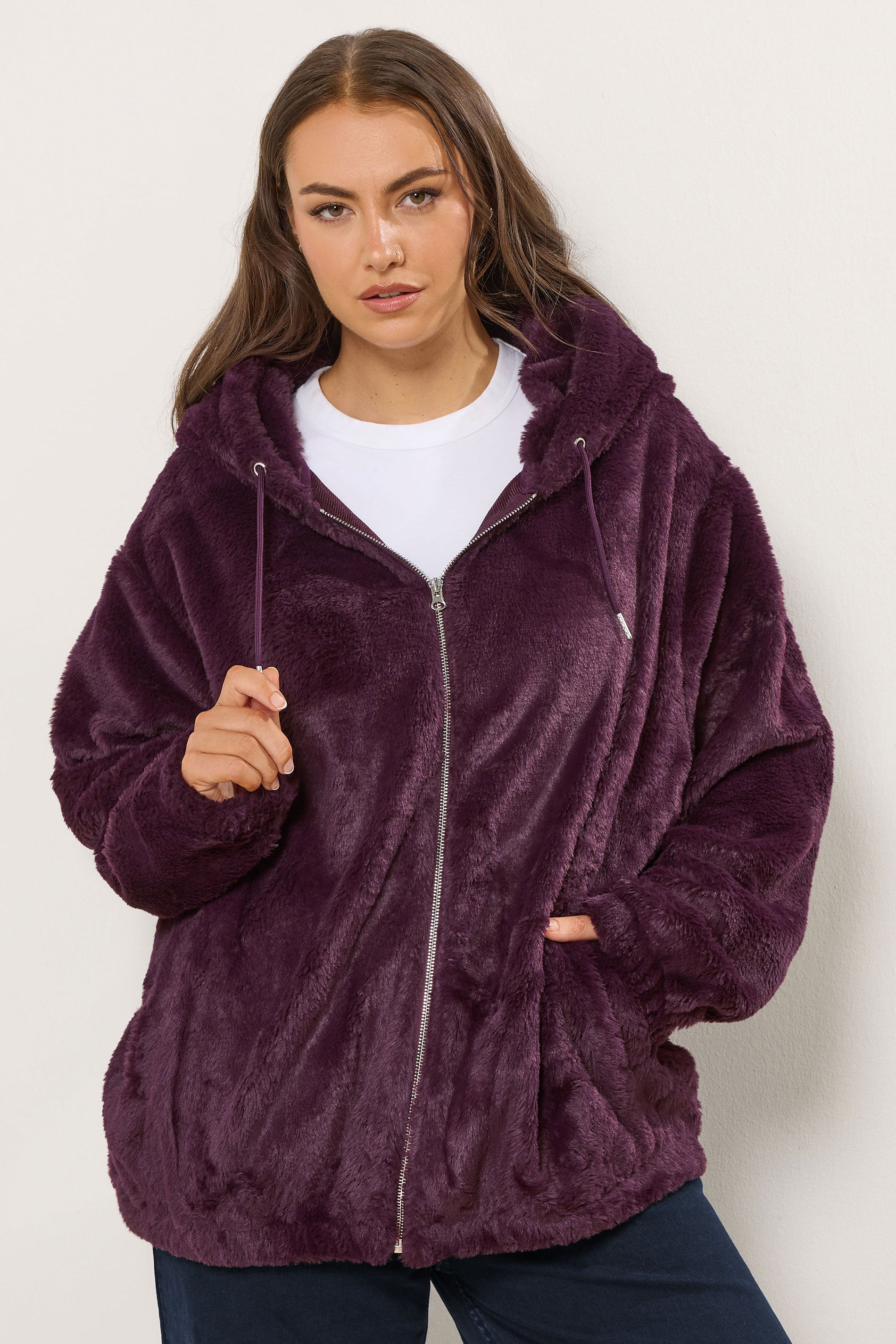 YOURS Plus Size Burgundy Red Faux Fur Hooded Jacket | Yours Clothing 1