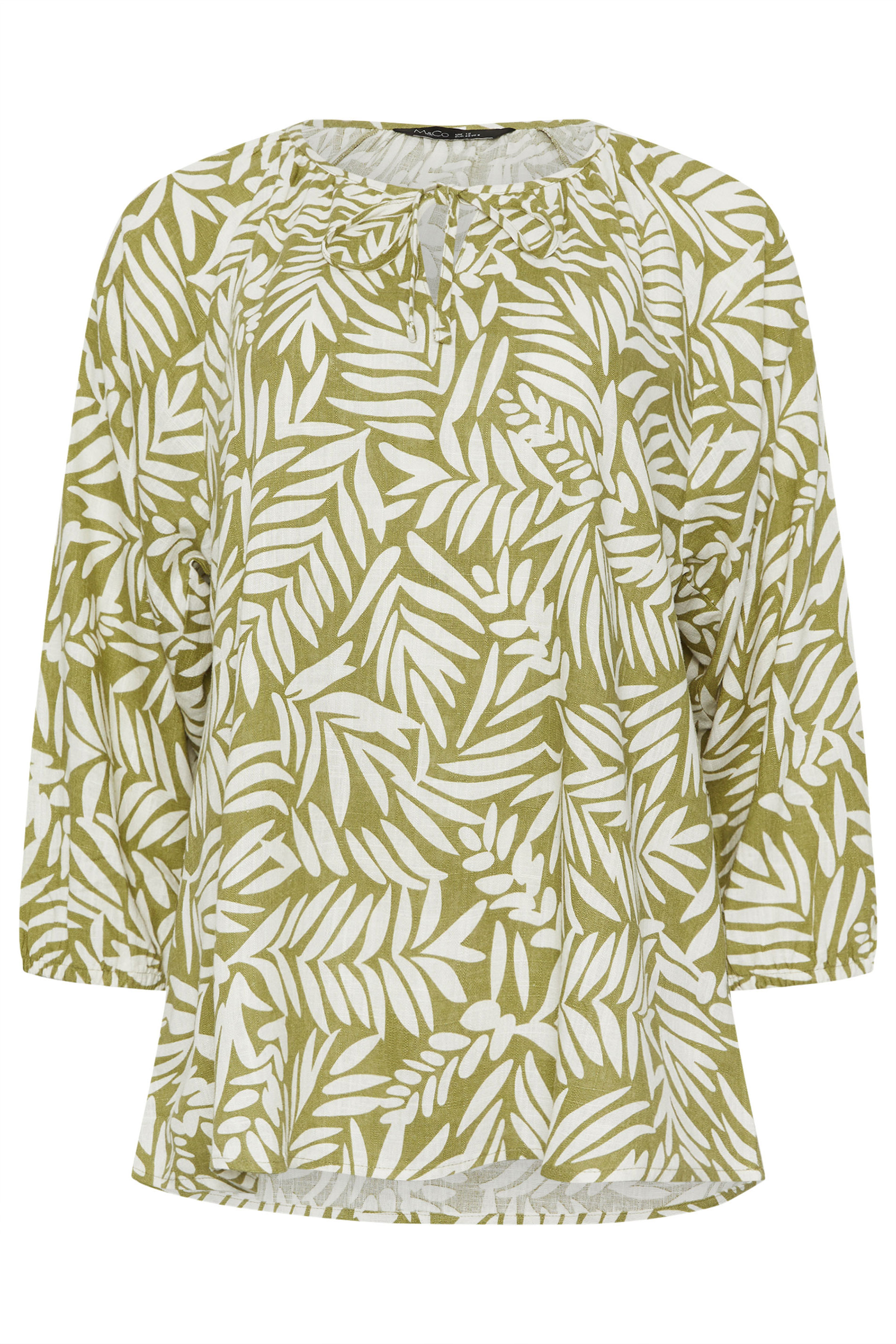 M&Co Green Leaf Print Tie Neck Linen Blouse | M&Co 6