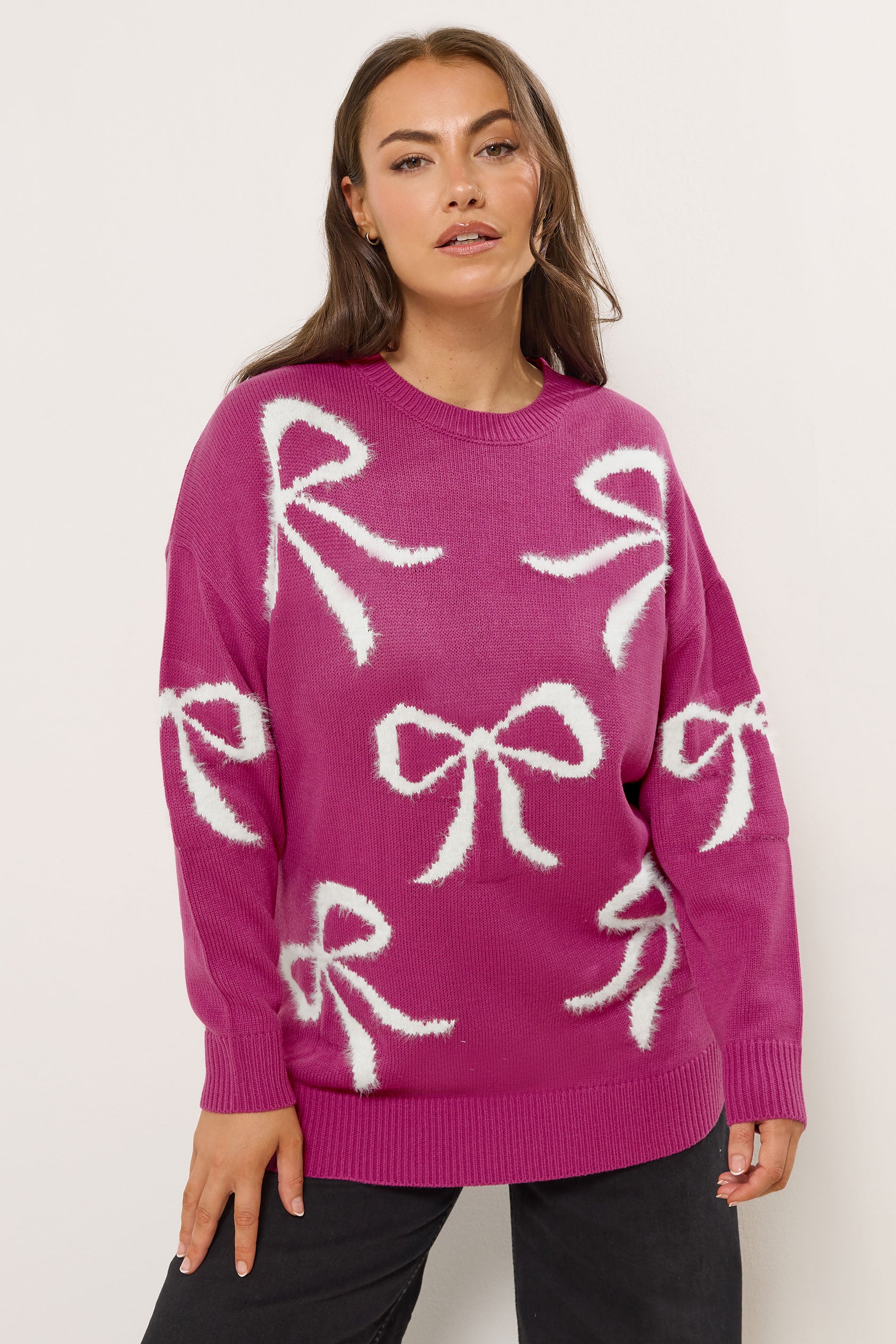 YOURS Plus Size Pink Fluffy Bow Knitted Jumper | Yours Clothing 3