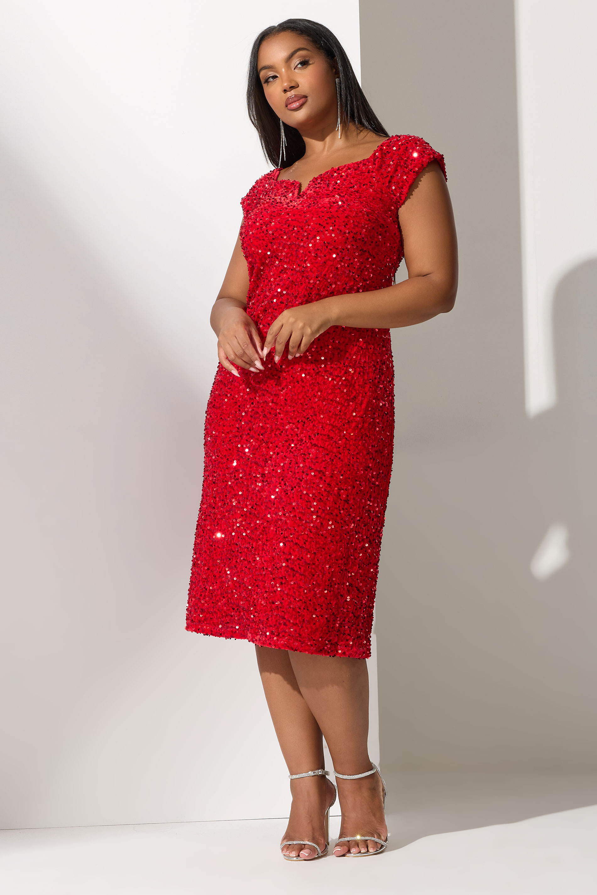 YOURS LONDON Plus Size Red Velvet Sequin Midi Dress | Yours Clothing 2