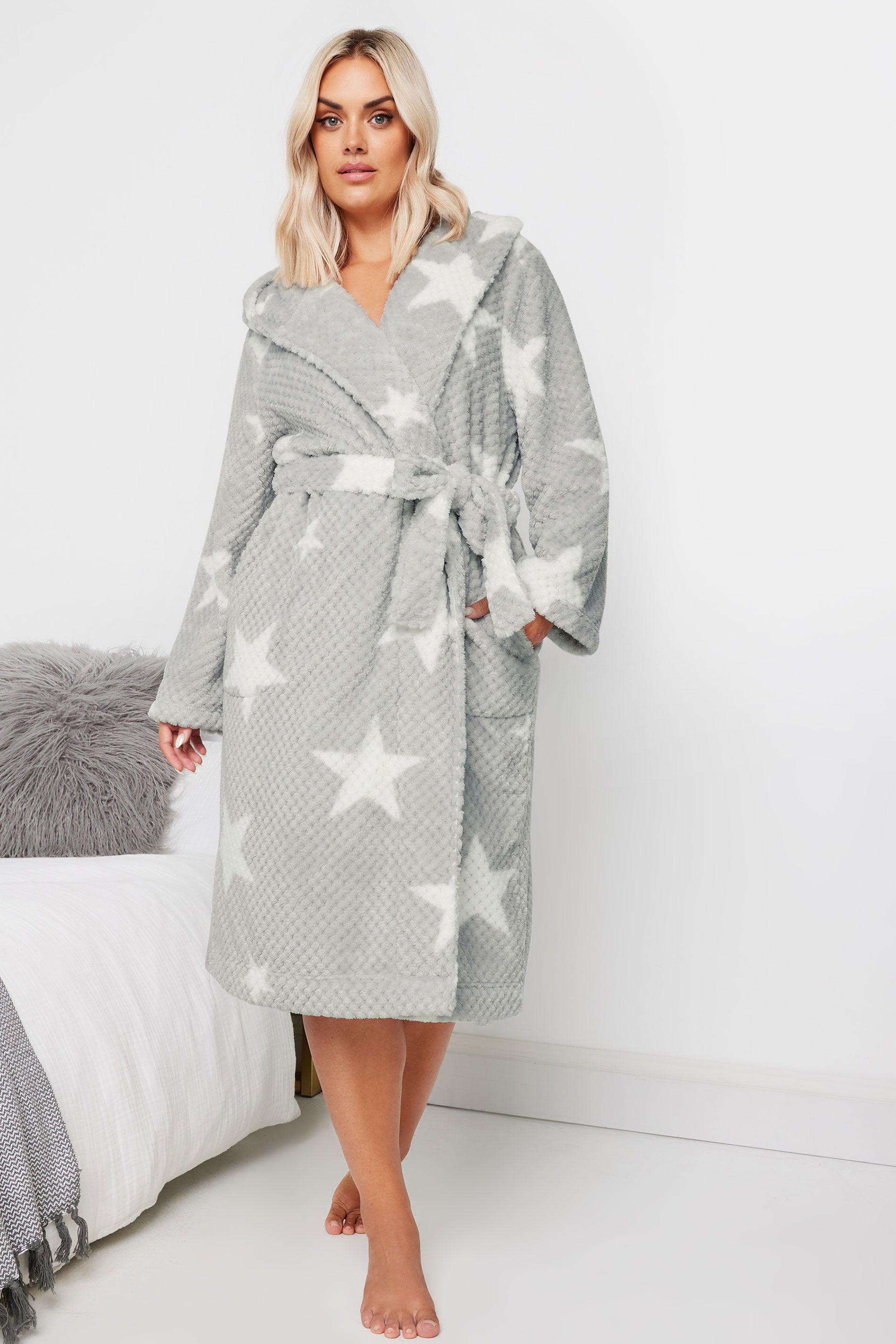 YOURS Plus Size Grey Star Honeycomb Dressing Gown | Yours Clothing 3