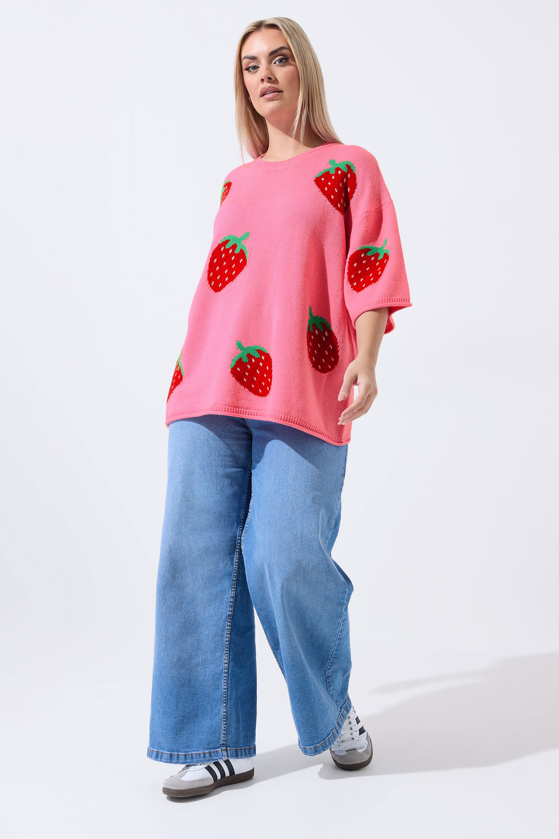 LIMITED COLLECTION Plus Size Pink Strawberry Knitted Boxy Top 2