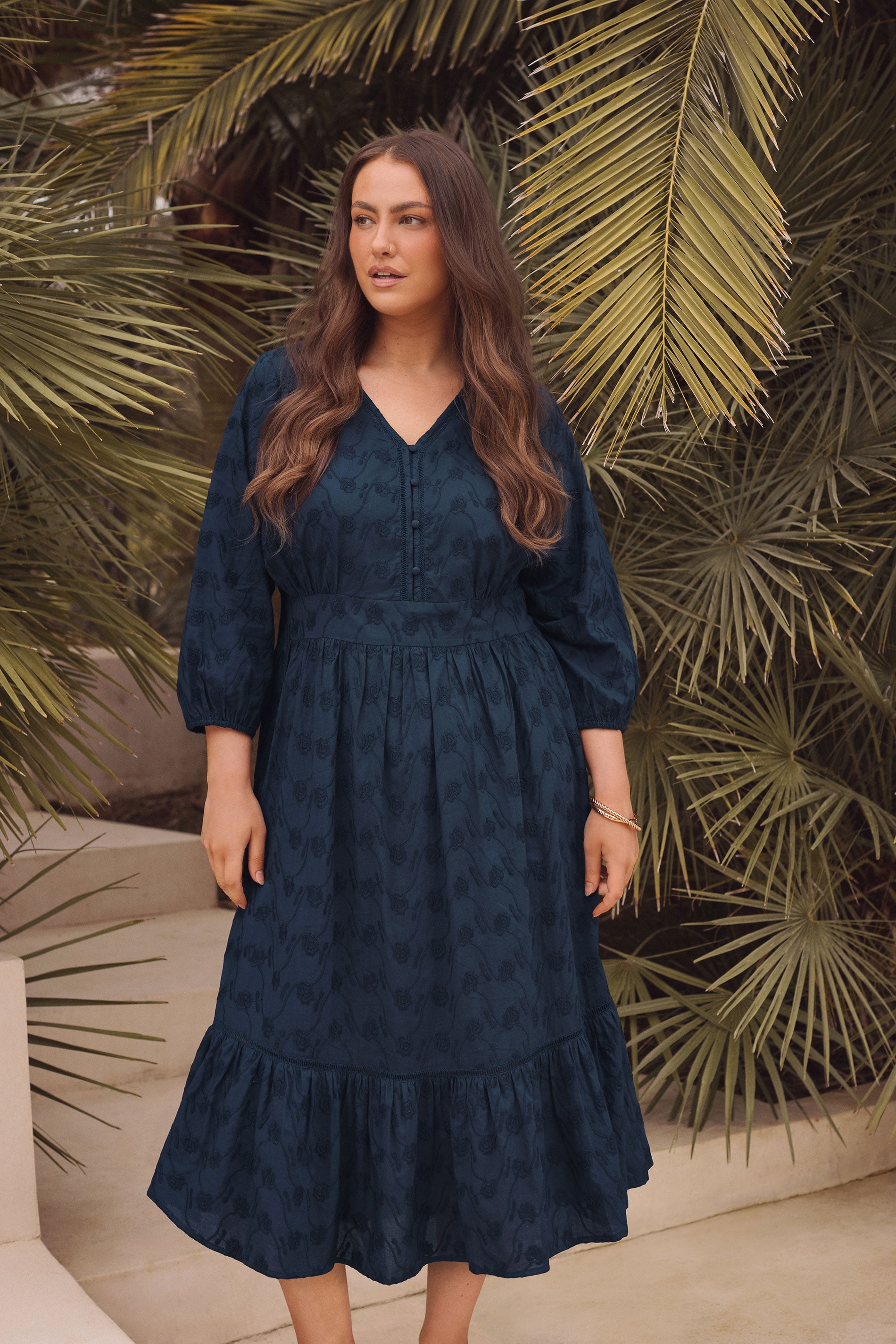 EVANS Plus Size Navy Blue Embroidered Tiered Midi Dress | Evans