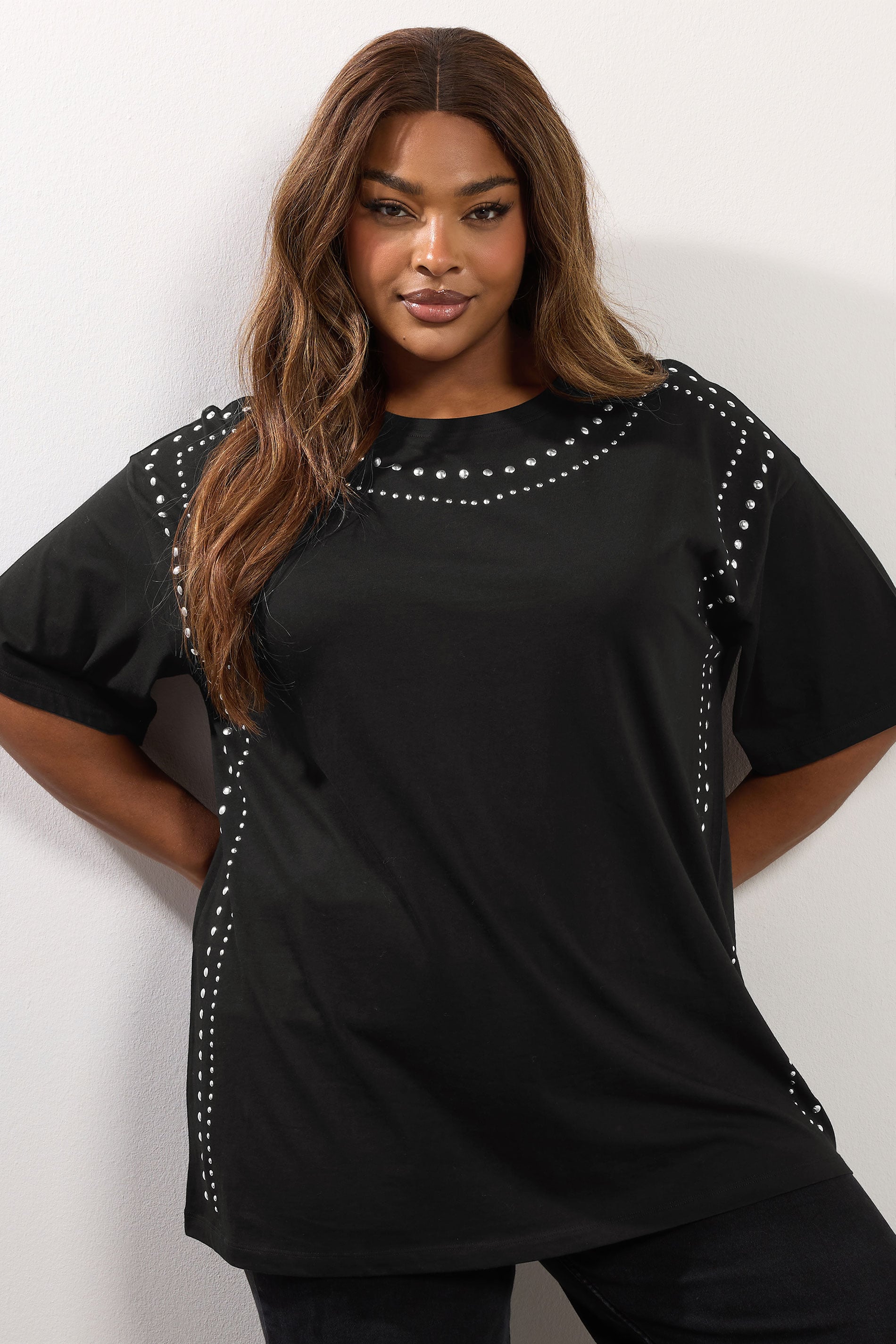 YOURS Plus Size Black Studded Oversized T-Shirt | Yours Clothing 3