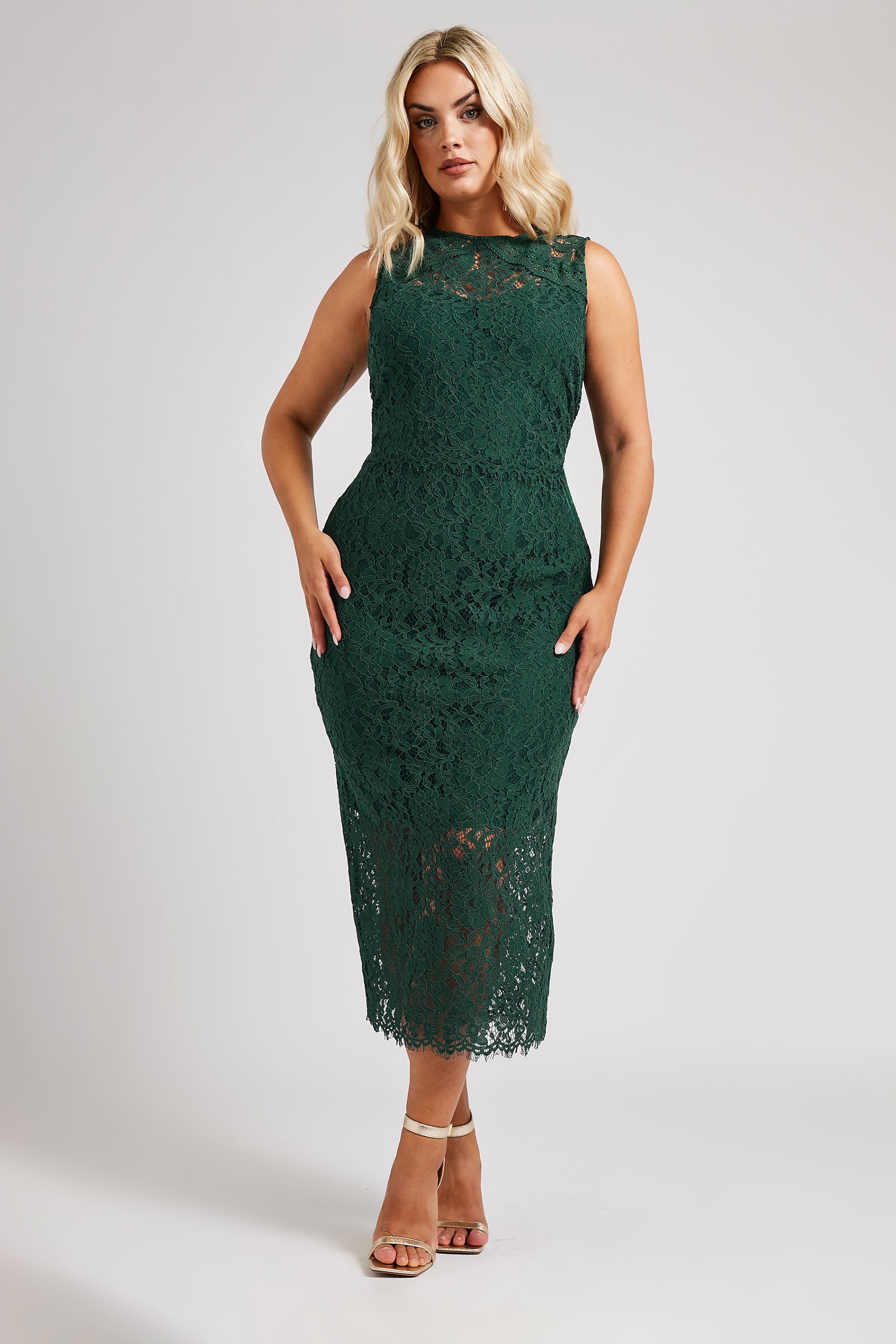 YOURS LONDON Plus Size Dark Green Lace Midi Dress | Yours Clothing 3