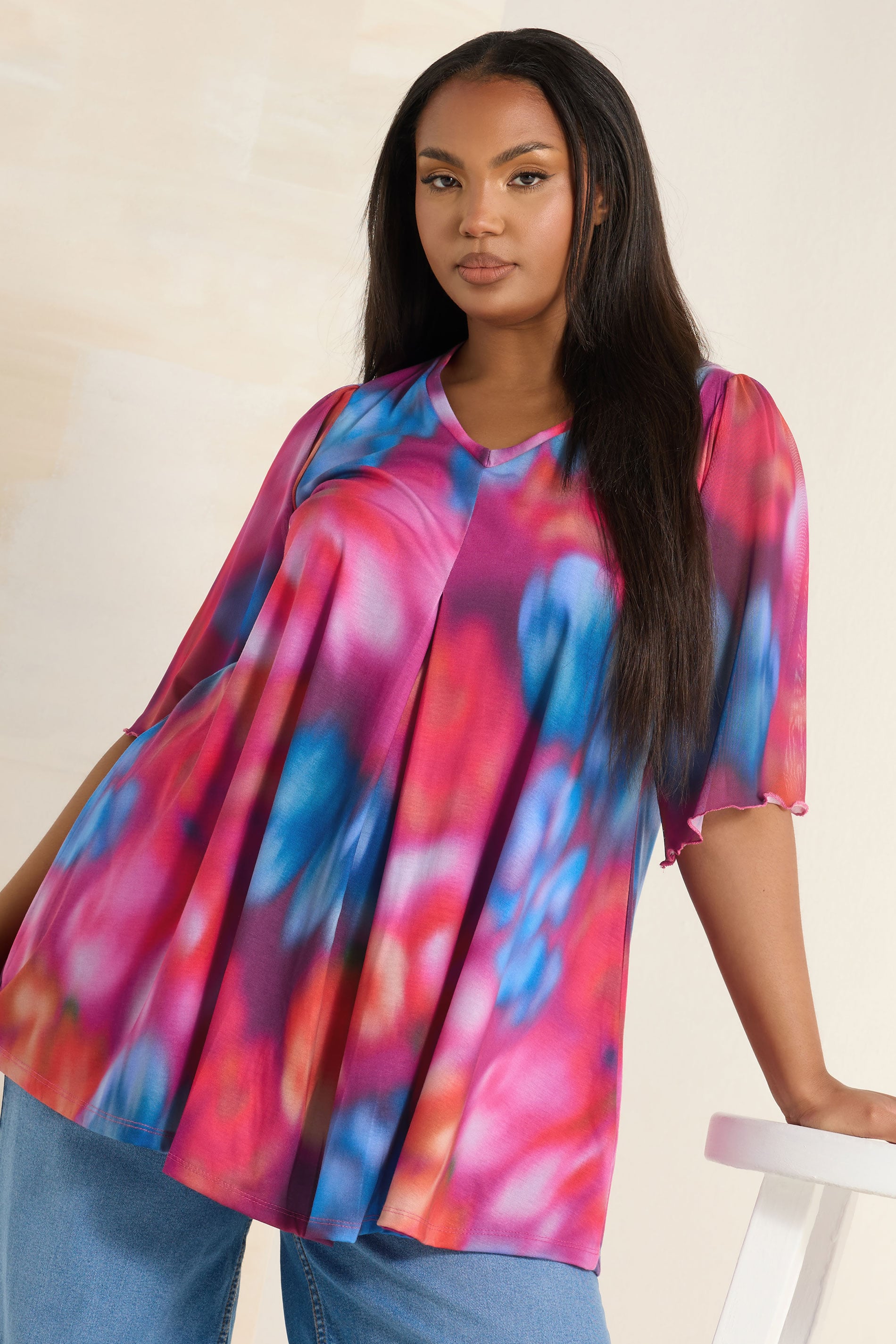 YOURS Plus Size Pink Abstract Print Mesh Swing Top | Yours Clothing 3