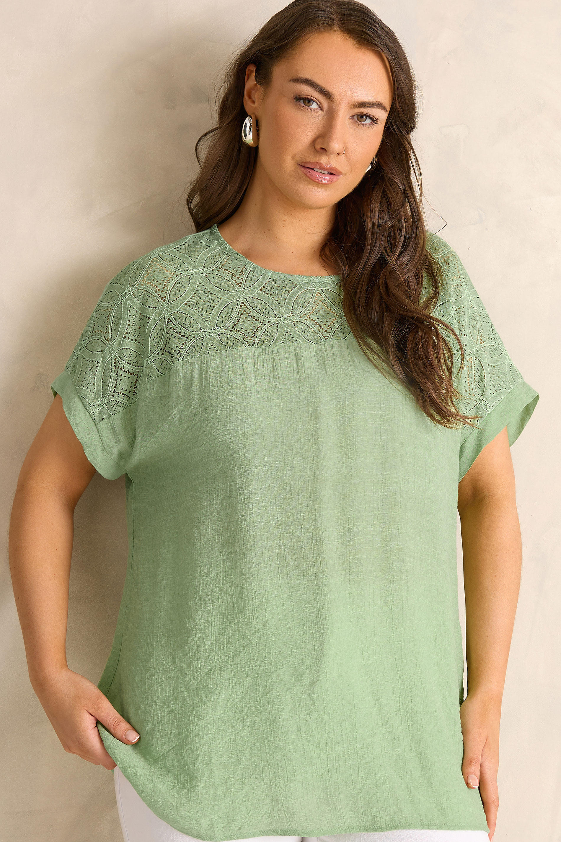Evans Women's Green Plus Lace Detail Short Sleeve Top Size 26-28