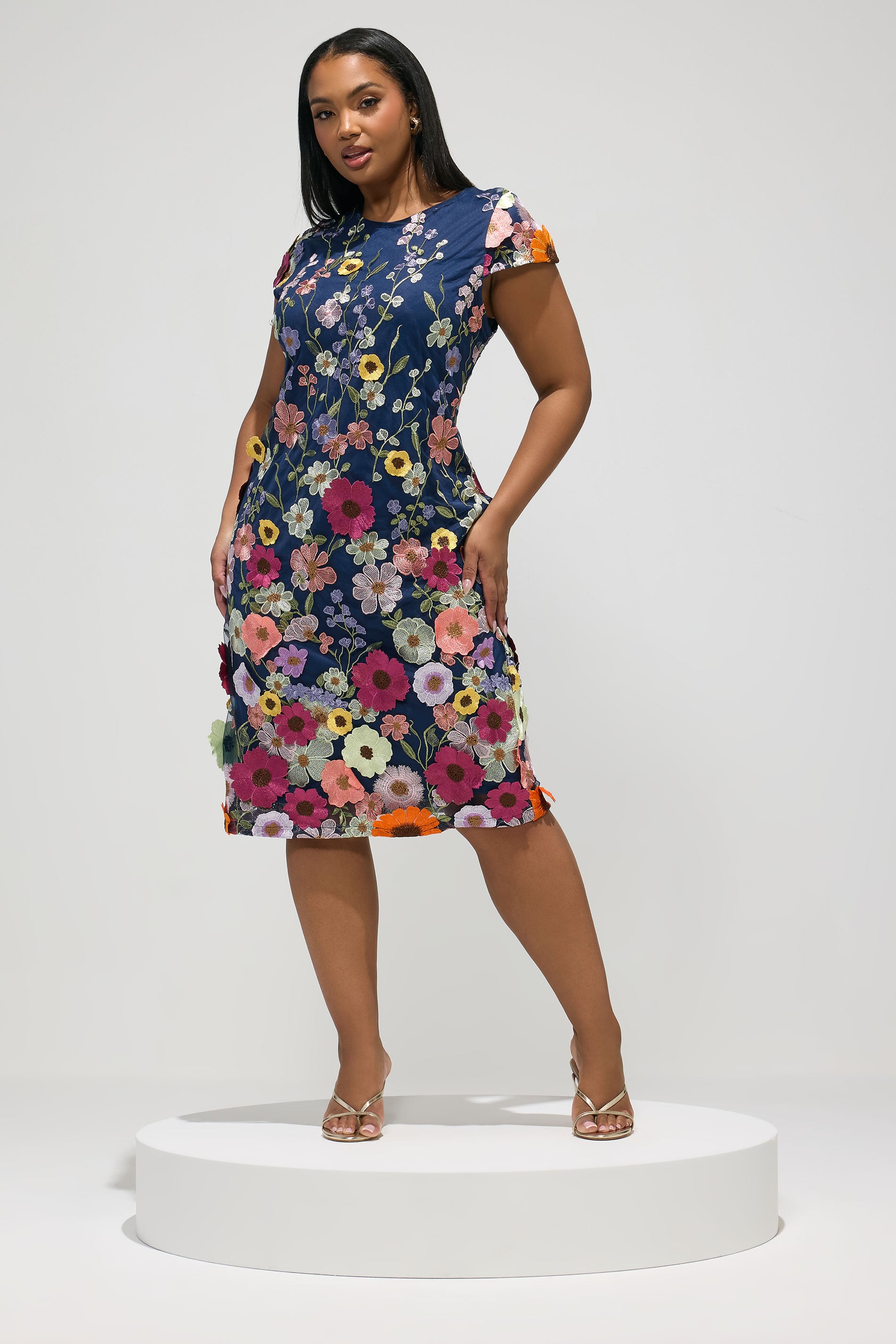 YOURS LONDON Plus Size Navy Blue & Pink Floral 3D Embroidered Shift Dress | Yours Clothing 1