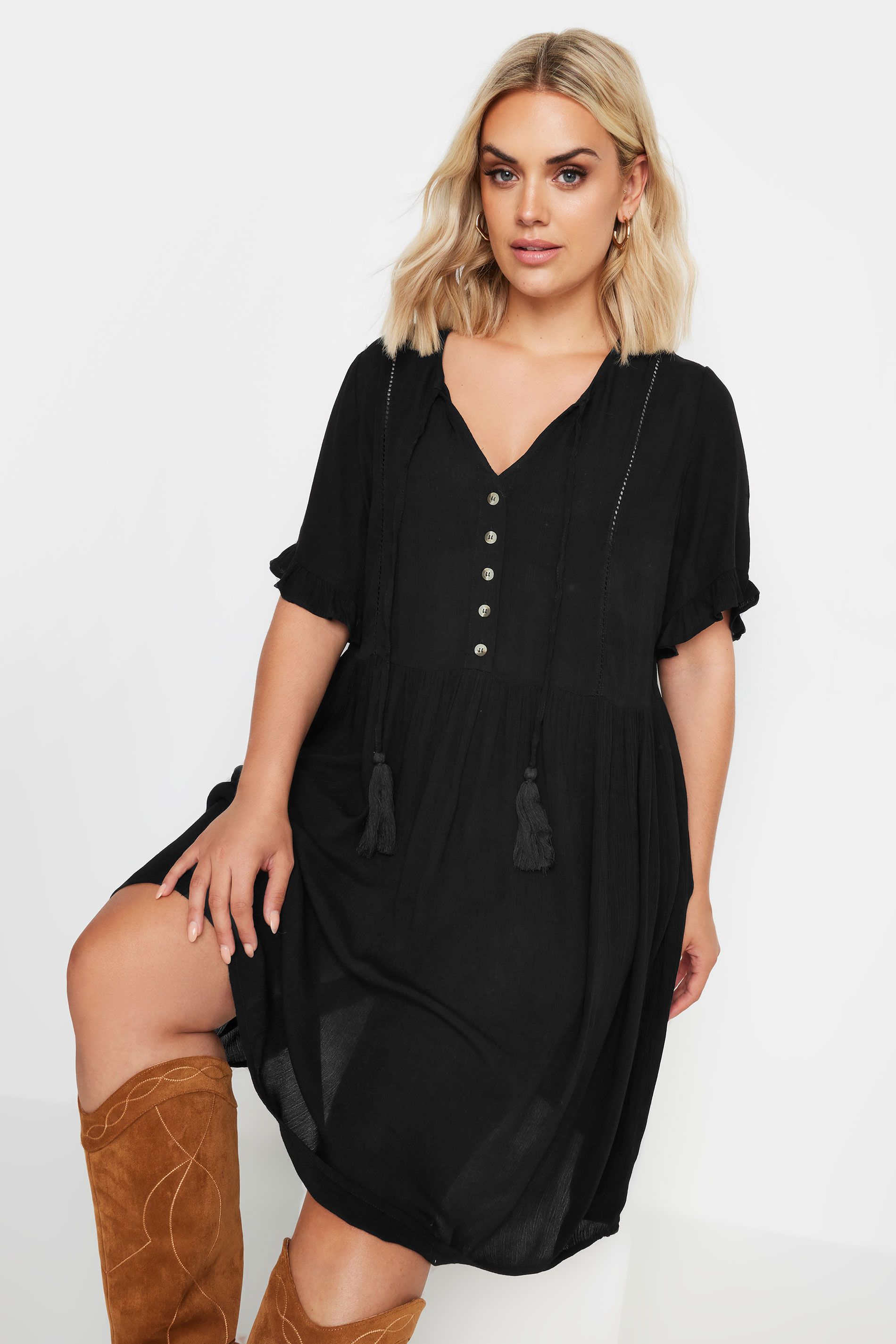 YOURS Plus Size Black Crinkle Tie Neck Dress | Yours Clothing 1