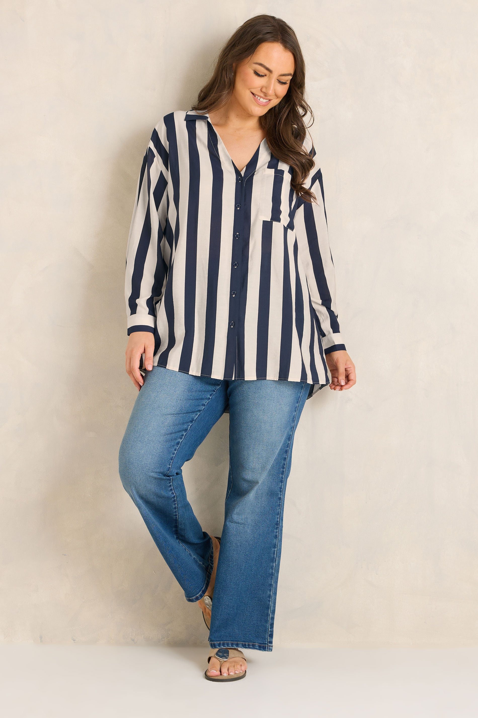 EVANS Plus Size Navy Blue & Cream Stiped Shirt | Evans 1