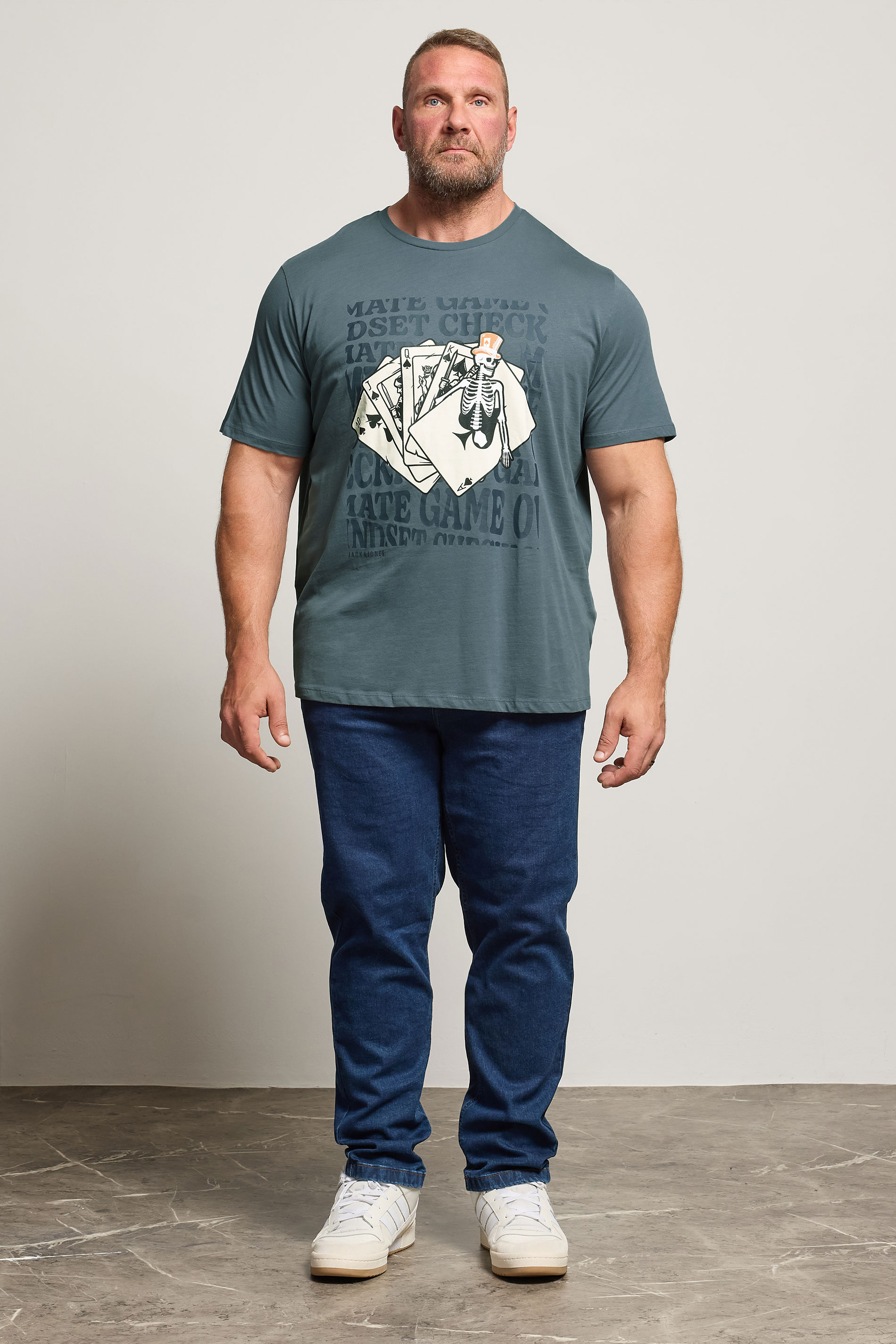JACK & JONES Big & Tall Stormy Blue Cards Graphic T-Shirt | BadRhino 1