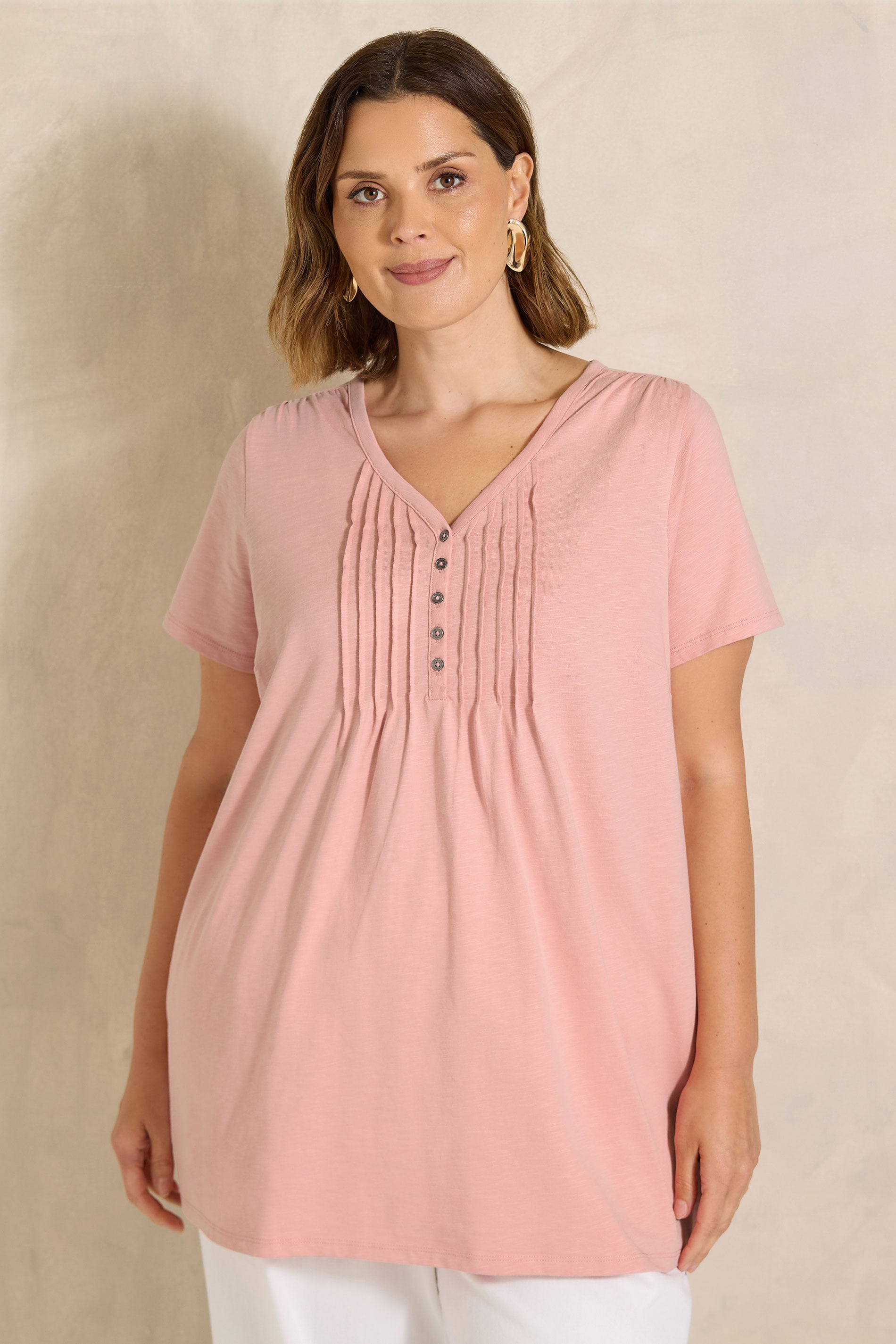 Evans Women's Pink Plus Short Sleeve Cotton Henley Top Size 20
