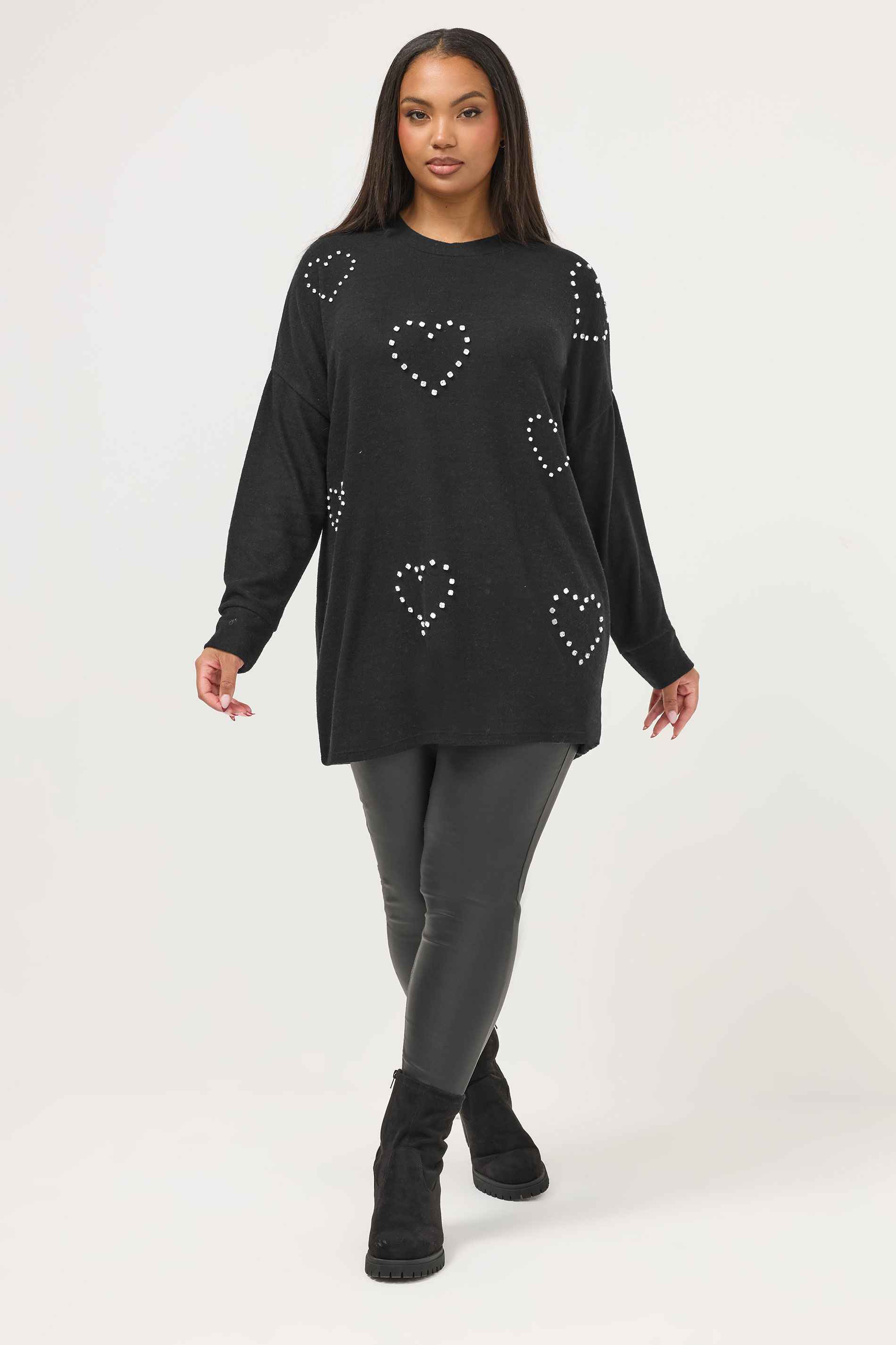 YOURS Plus Size Black Diamante Heart Jumper | Yours Clothing 1