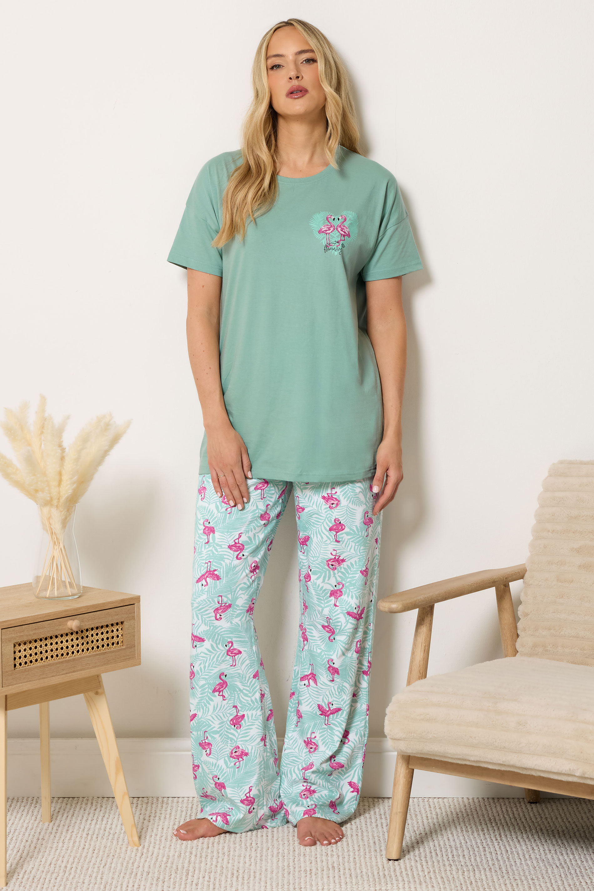 LTS Tall Women's Green Flamingo Print Cotton Wide Leg Pyjama Set | Long Tall Sally 3