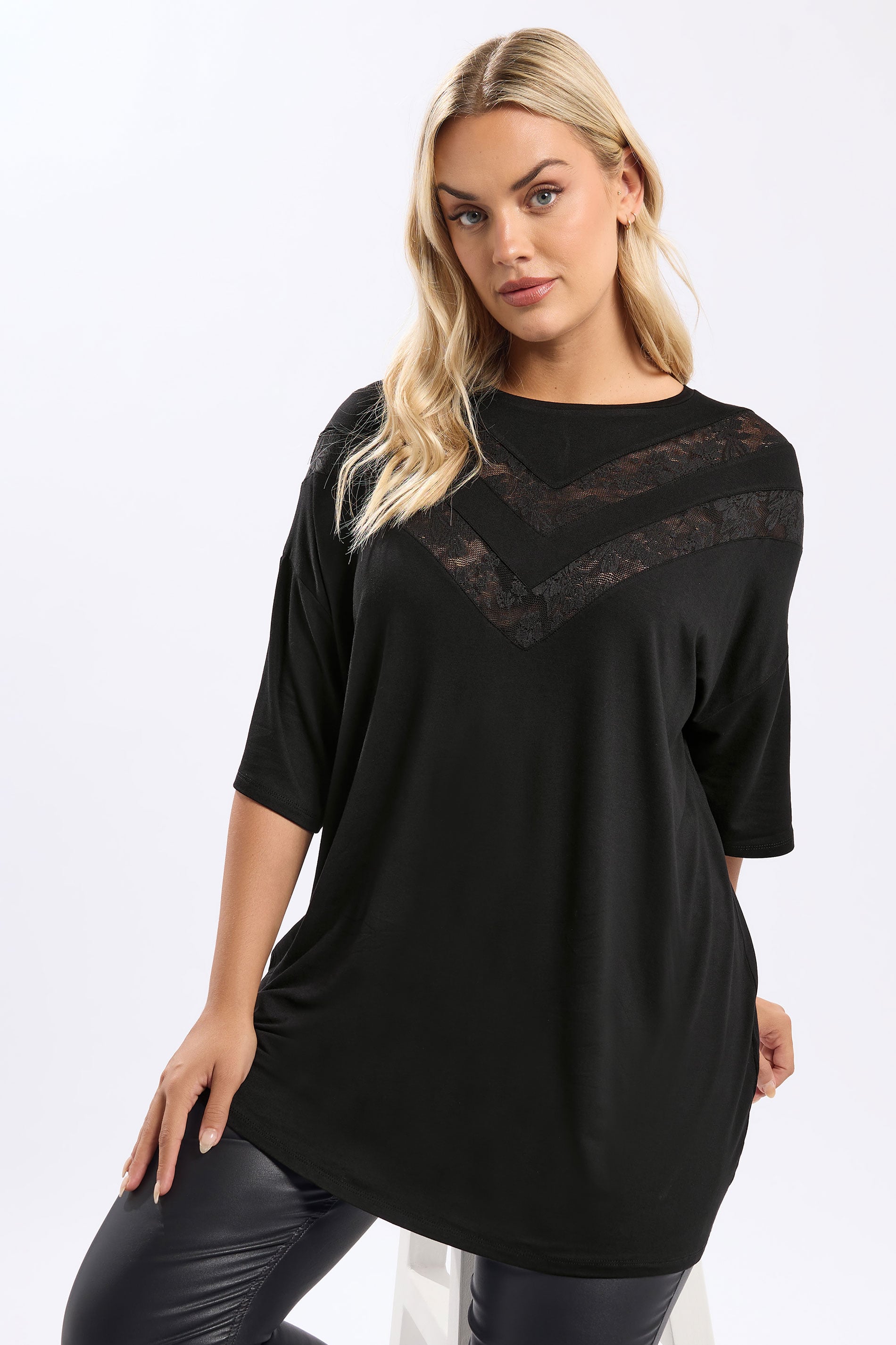 YOURS Plus Size Black Chevron Lace Insert T-Shirt | Yours Clothing 3