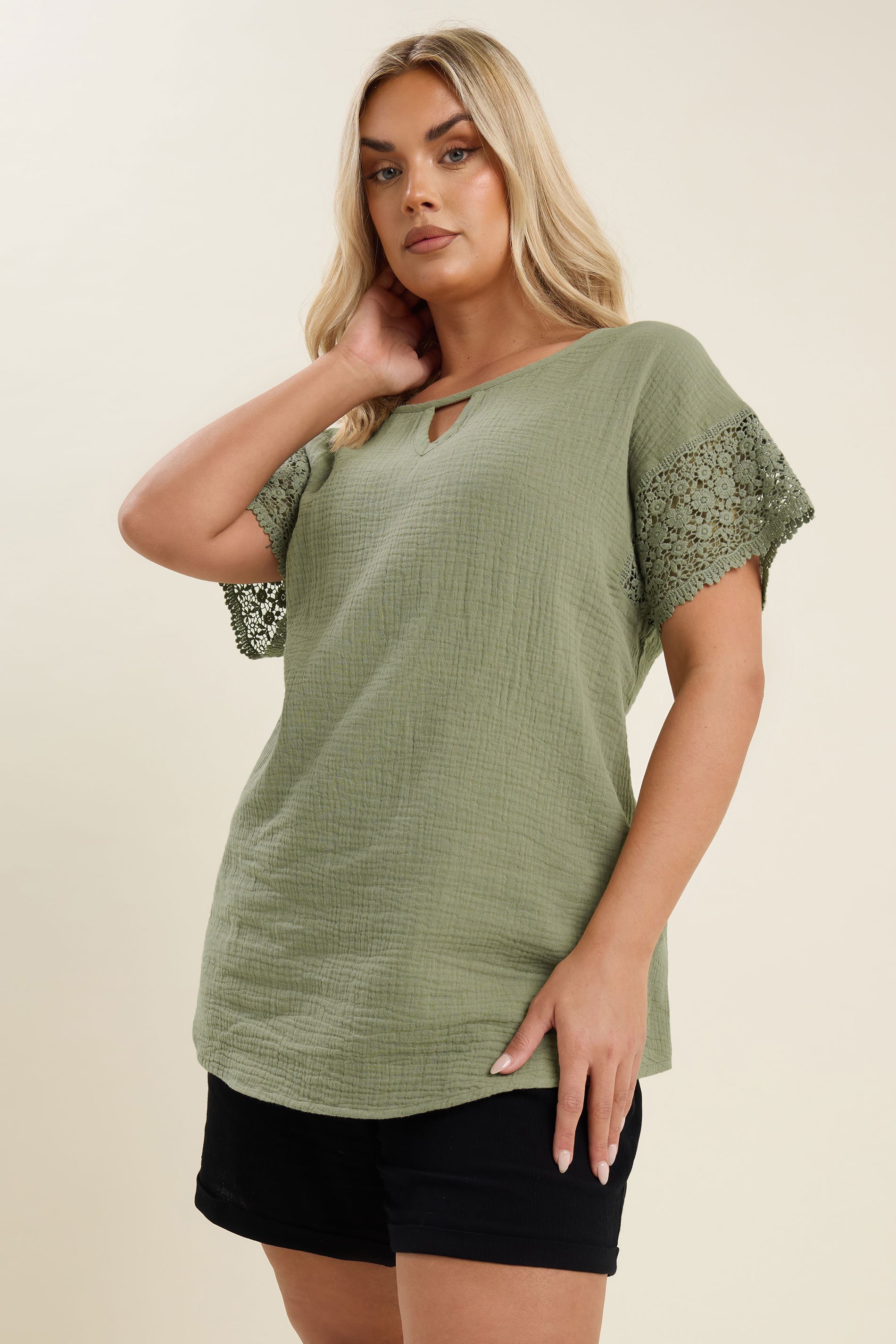 YOURS Plus Size Sage Green Cheesecloth Crochet Top | Yours Clothing 3
