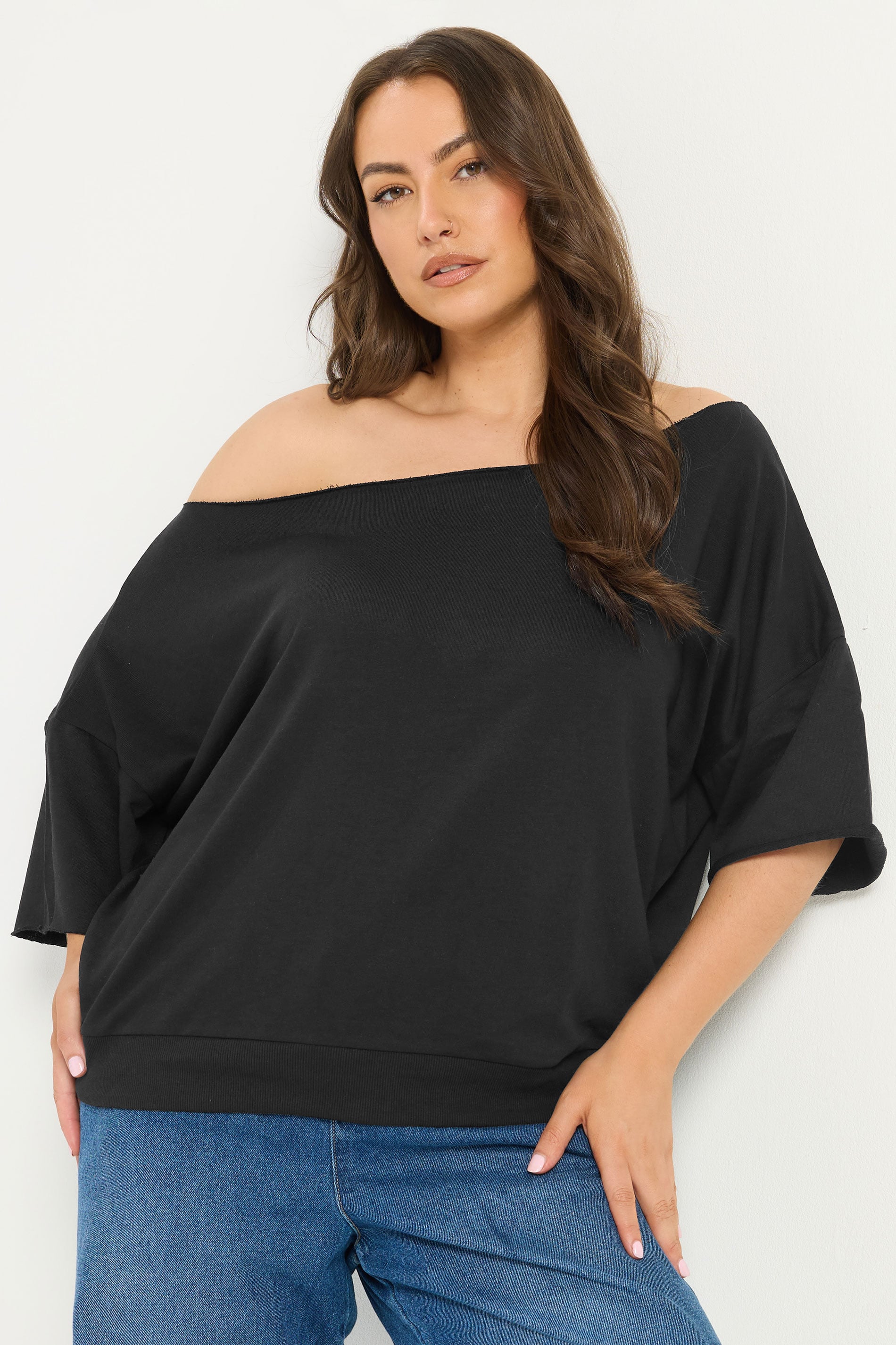 YOURS Plus Size Black Off Shoulder Sweatshirt | Yours Clothing 3