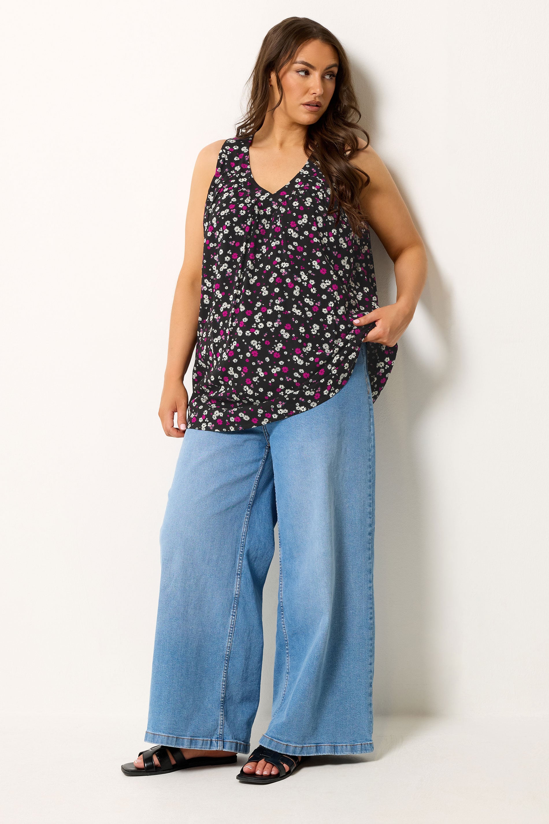 YOURS Plus Size Black Daisy Print Vest Top | Yours Clothing 1